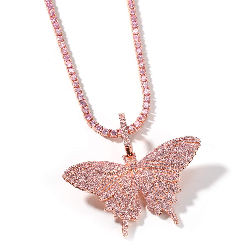 18K Gold Plated CZ Simulated Diamond Pink Butterfly Pendant Necklace for Men & Women | Iced Out Hip Hop Chain | Perfect for Parties, Gifts & Fashion Jewelry