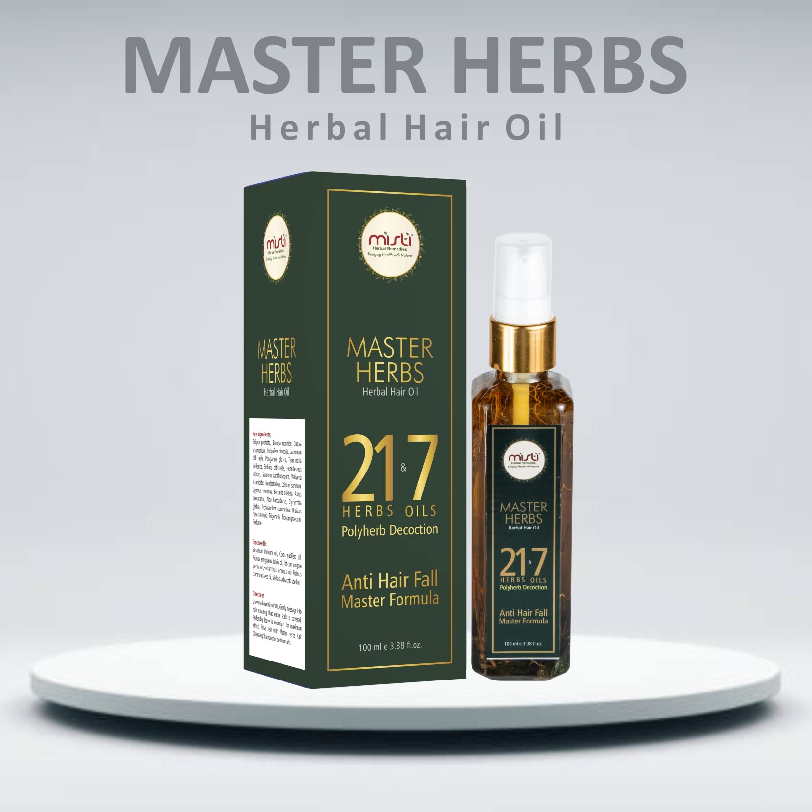 Misti Herbal Master Herbs Hair Oil - 100ml | Natural Hair Growth Treatment for Men & Women | Controls Hair Fall, Grey Hair & Dandruff | Nourishes Scalp & Strengthens Hair | With 21 Herbs & 7 Essential Oils | Perfect for Daily Hair Care, Styling & Revitalization