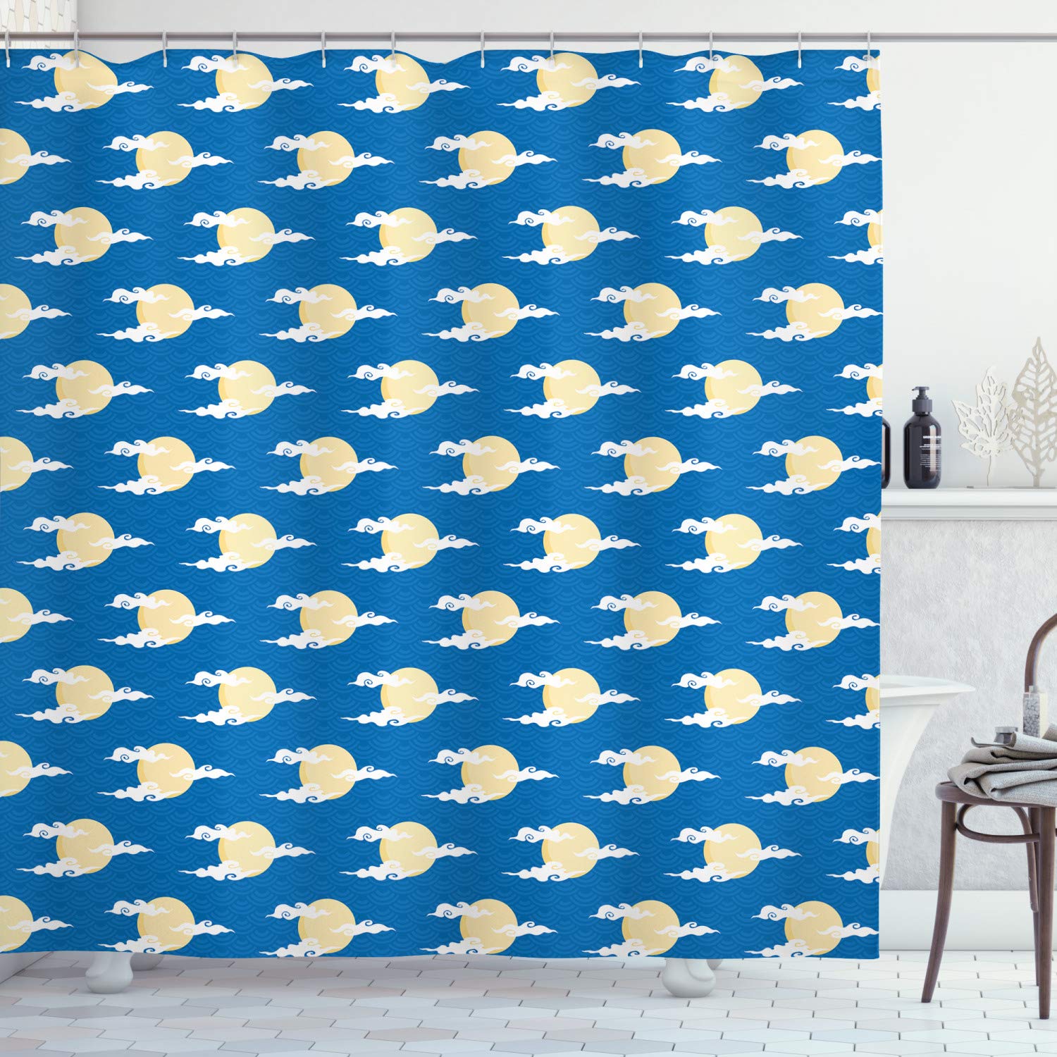 Ambesonne Chinese Style Shower Curtain - Moon & Cloud Illustration on Wave Circle Design, 69