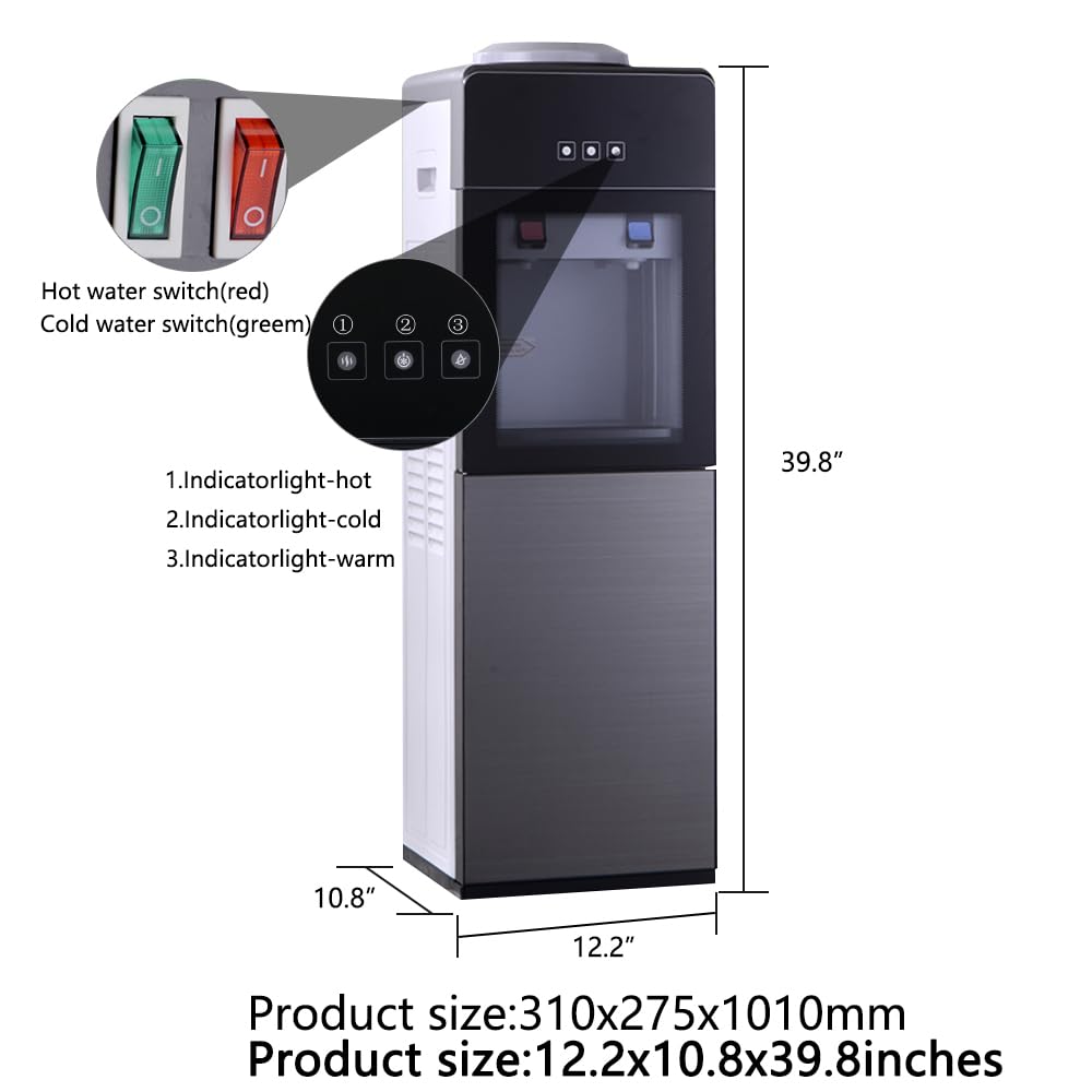 Premium 3-5 Gallon Top-Loading Hot & Cold Water Cooler Dispenser - Luxury Design with Storage Cabinet & Glass Door for Home, Office & School - Grey - Perfect for Kitchens, Break Rooms & Dormitories