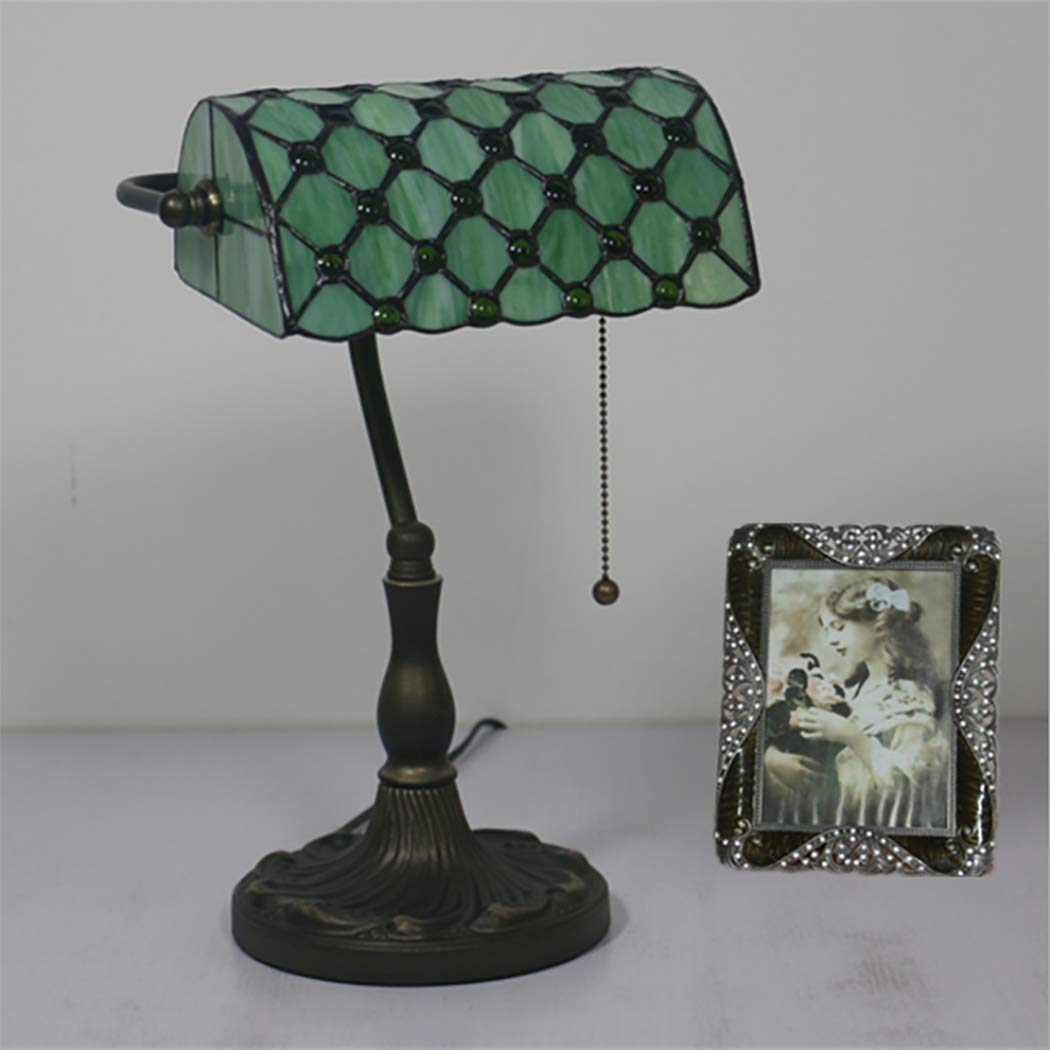 10 Inch Tiffany Style Stained Glass Banker Desk Lamp - Green Zinc Alloy Base with Pull Cord Switch - Perfect for Office, Bedroom, Study & Reading Nook