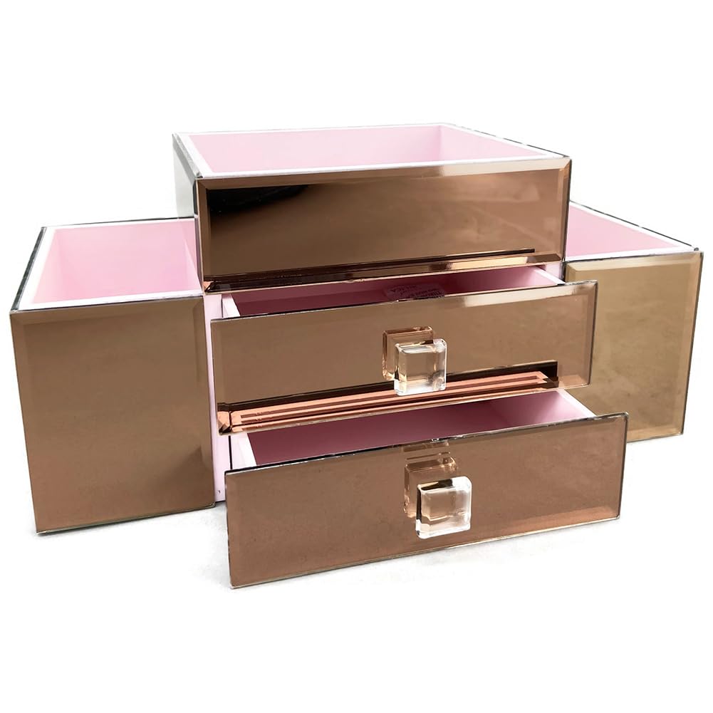 Emma 2 Drawer Tiered Mirrored Glass Makeup & Jewelry Organizer - Rose Gold Vanity Tray with Mirror for Bedroom Dresser & Bathroom Countertop Organization