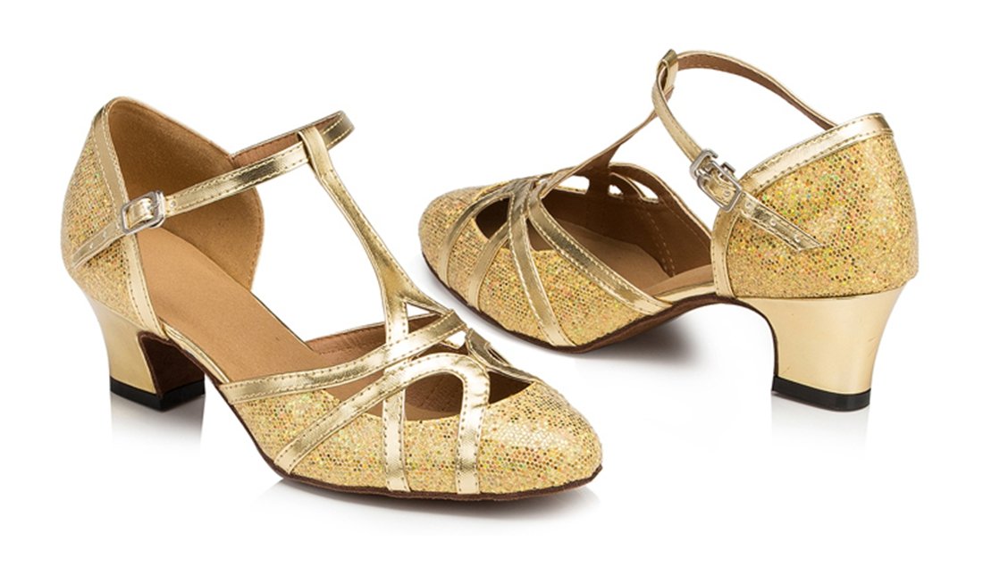 TDA Women's T-Strap Glitter Dance Shoes for Salsa, Tango, Ballroom & Latin - 5cm Heel, Gold Glitter (Size 8.5) | Perfect for Dance Parties, Performances & Social Events