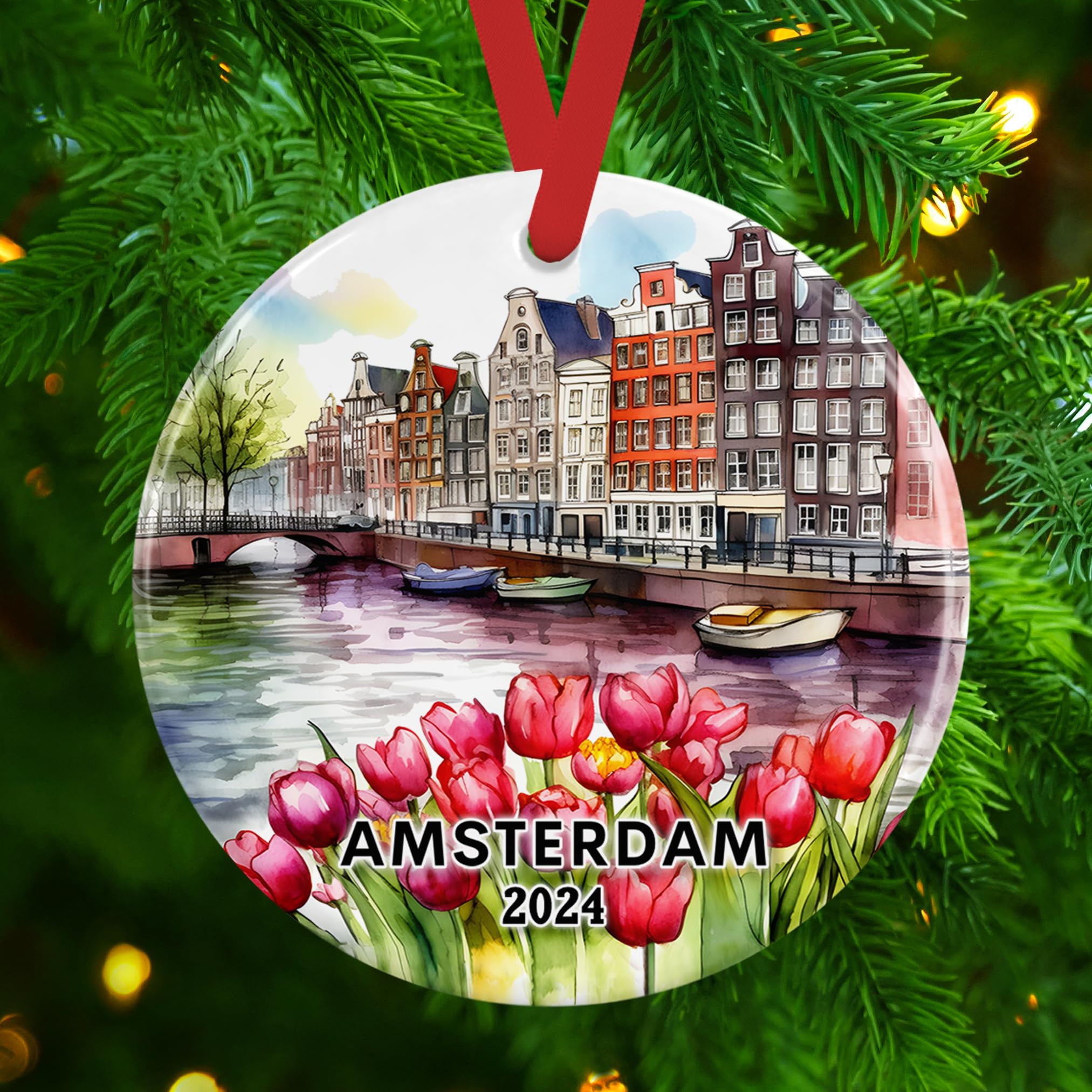 2024 Handmade Amsterdam Canal Houses & Dutch Tulips Ceramic Christmas Ornament - European Travel Vacation Holiday Keepsake Gift for Christmas Tree Decor, Home Decor, Travel Lover Souvenir