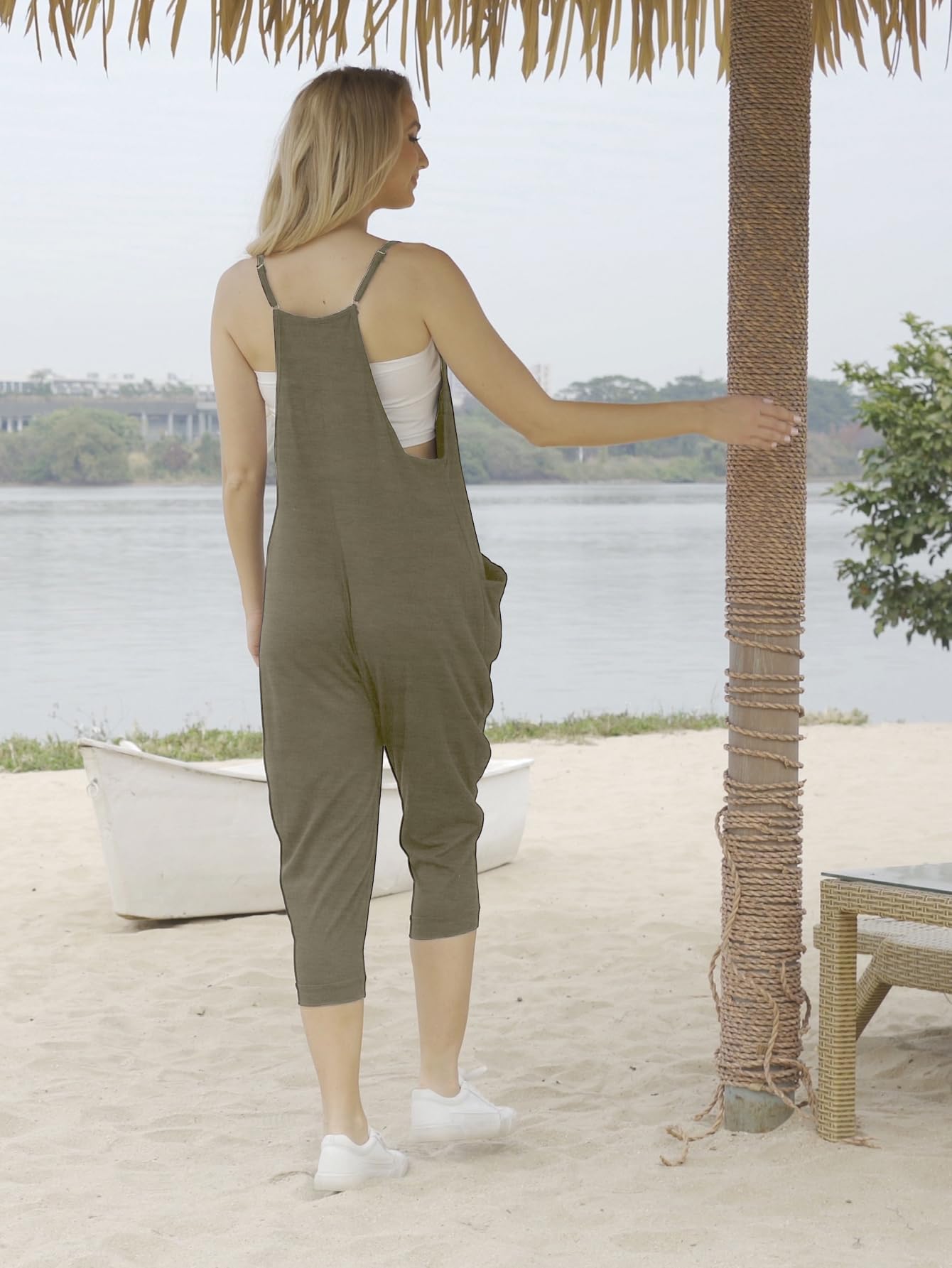 Women's Summer Spaghetti Strap Jumpsuit - Sleeveless V-Neck Casual Romper with Adjustable Thin Straps & Pockets | Perfect for Beach Vacations, Pool Parties & Summer Outings