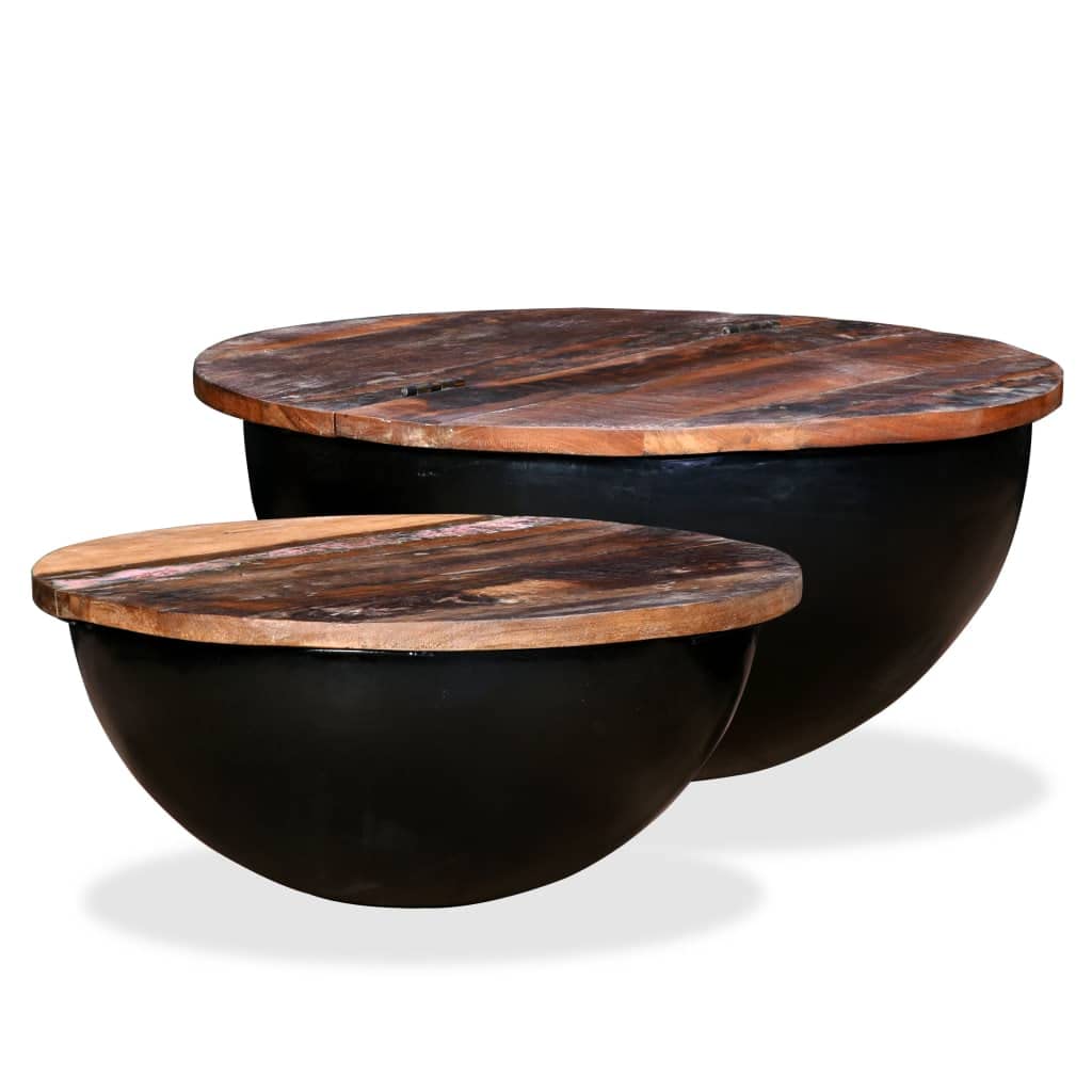 2-Piece Solid Reclaimed Wood Coffee Table Set - Black Bowl Shape End Table & Side Table for Living Room, Bedroom, Office | Modern Cocktail Table & Tea Table for Home Decor
