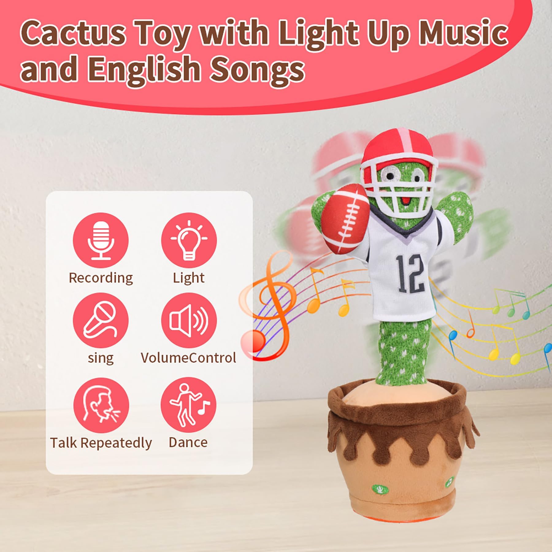 Dancing Football Cactus Toy - Singing, Talking & Recording Electronic Baby Toy with 60 English Songs | Fun Interactive Gift for Kids Birthday & Party Entertainment