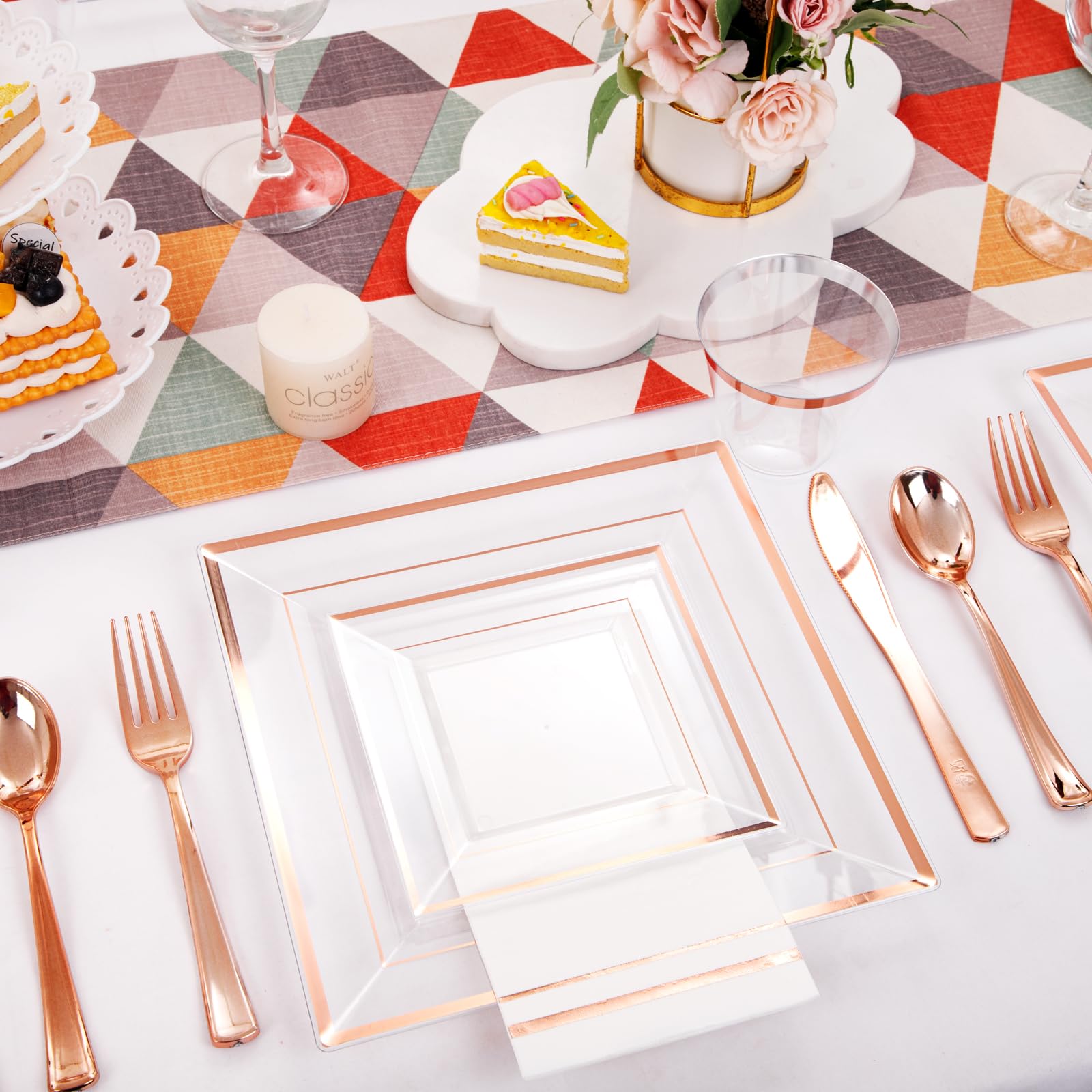 350-Piece Rose Gold Plastic Dinnerware Set - Disposable Plates, Cups, Cutlery & Napkins for 50 Guests | Elegant Party, Wedding & Event Tableware | Perfect for Bridal Showers, Birthday Parties & Catering Events