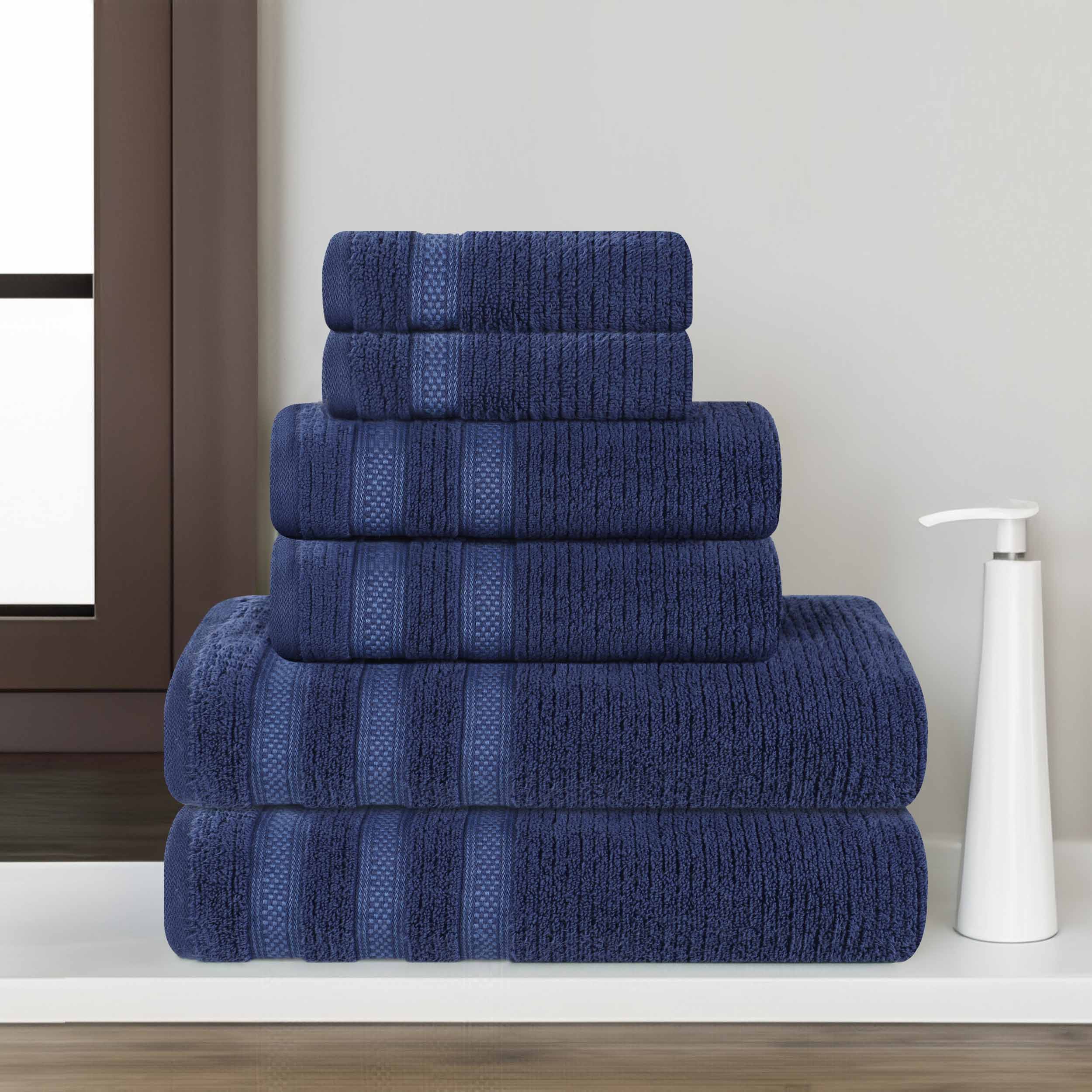 Premium 6-Piece Zero Twist Cotton Towel Set - Ultra Soft, Ribbed Geometric Border, Plush Bath & Beach Towels for Spa, Gym, and Poolside Luxury
