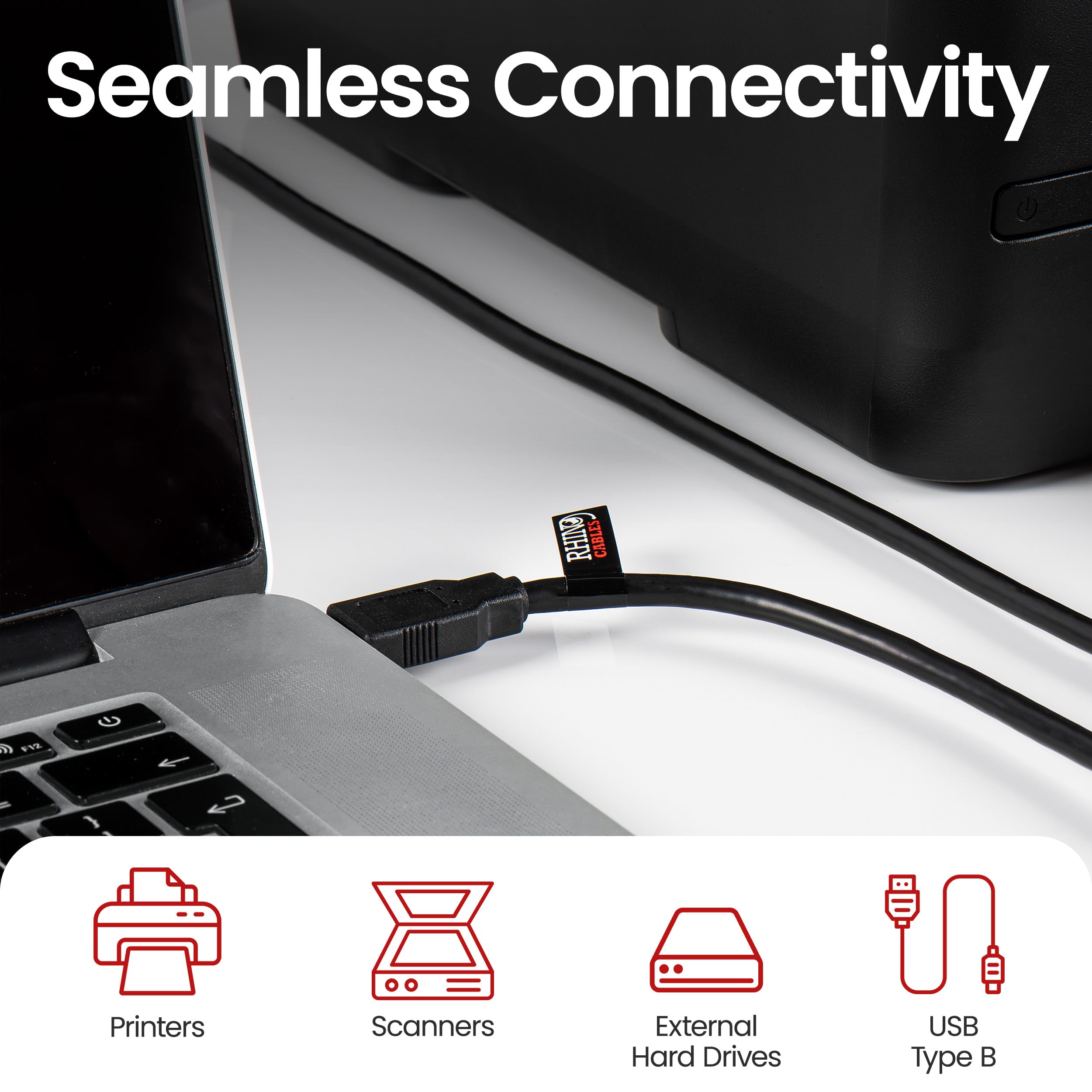 Rhinocables USB 3.0 Printer Cable A Male to B Male 3m - High Speed Data Transfer for Printers, Scanners, External Hard Drives - Compatible with HP, Brother, Dell, Epson (Black) | Perfect for Home Office, Small Business & Professional Printing Setup