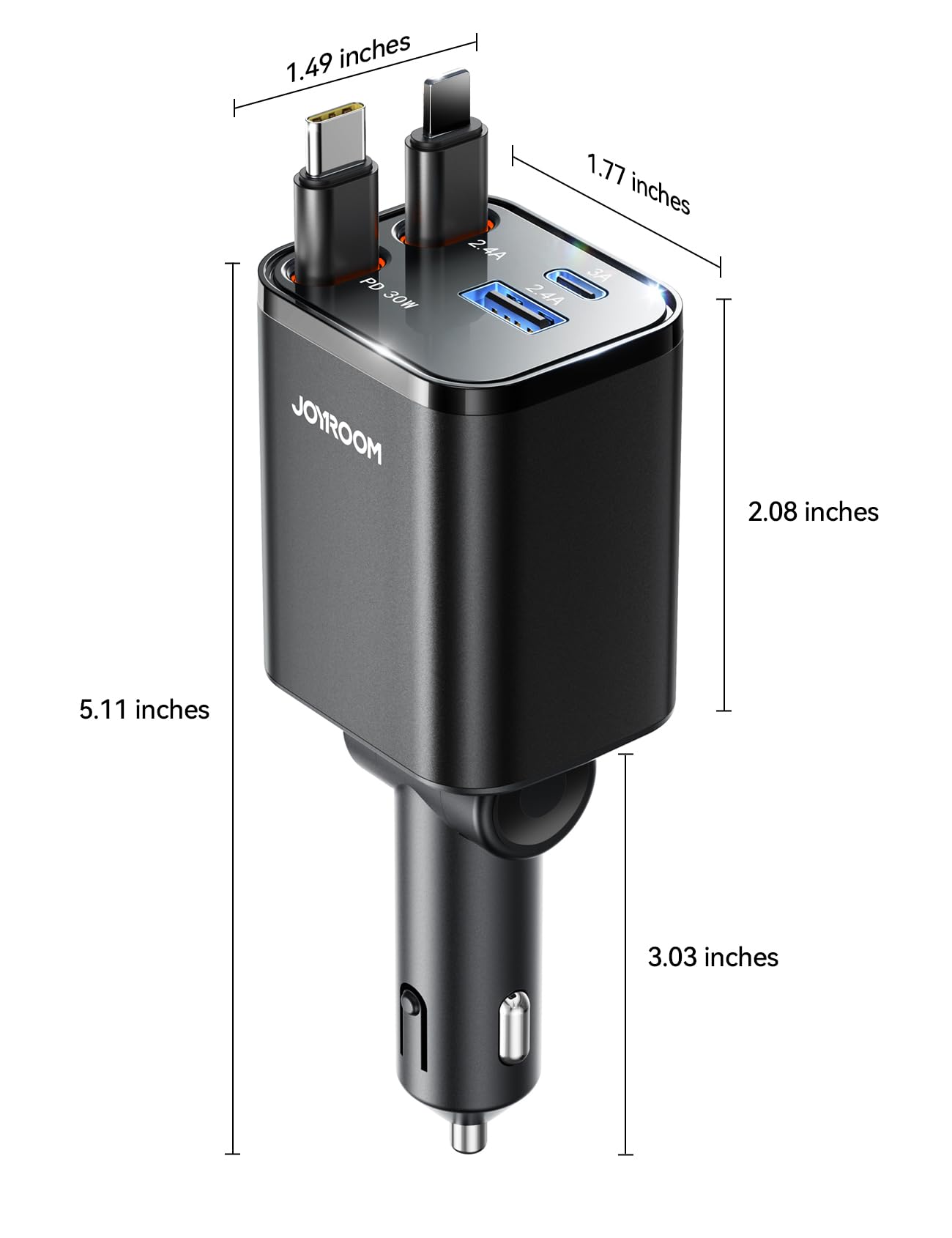 69W 4-in-1 Retractable Car Charger with USB-C - Fast Charging Adapter for iPhone 16/15 Pro Max & Android - Compact Car Accessory for Road Trips & Daily Commute [Black]