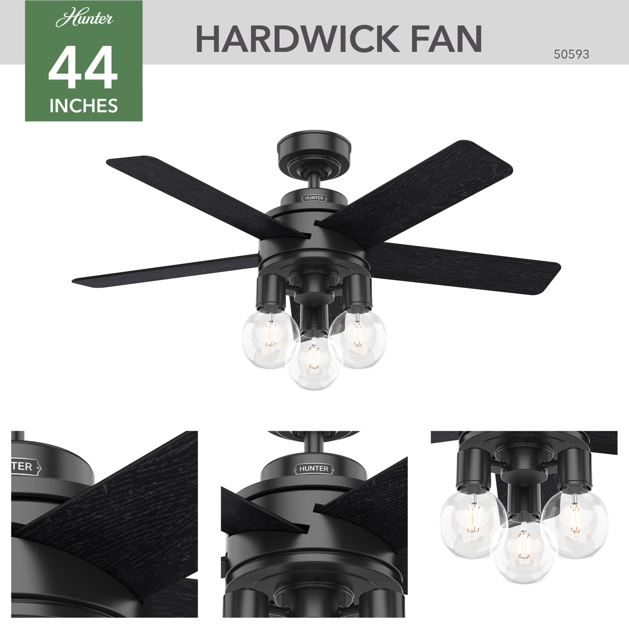 Hunter Fan Company 50593 44 Inch Hardwick Matte Black Ceiling Fan with LED Light Kit & Remote Control - Perfect for Living Room, Bedroom, and Outdoor Patio Cooling