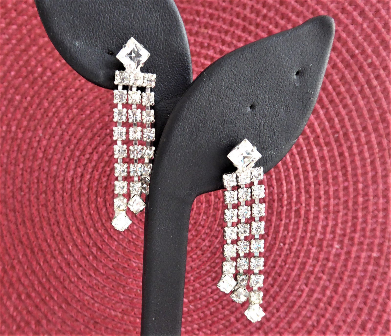 Vintage Rhinestone Dangle Earrings - 1960s Emerald Cut Round Waterfall Clip-Ons (Signed) | Perfect for Retro Parties, Weddings & Special Occasions