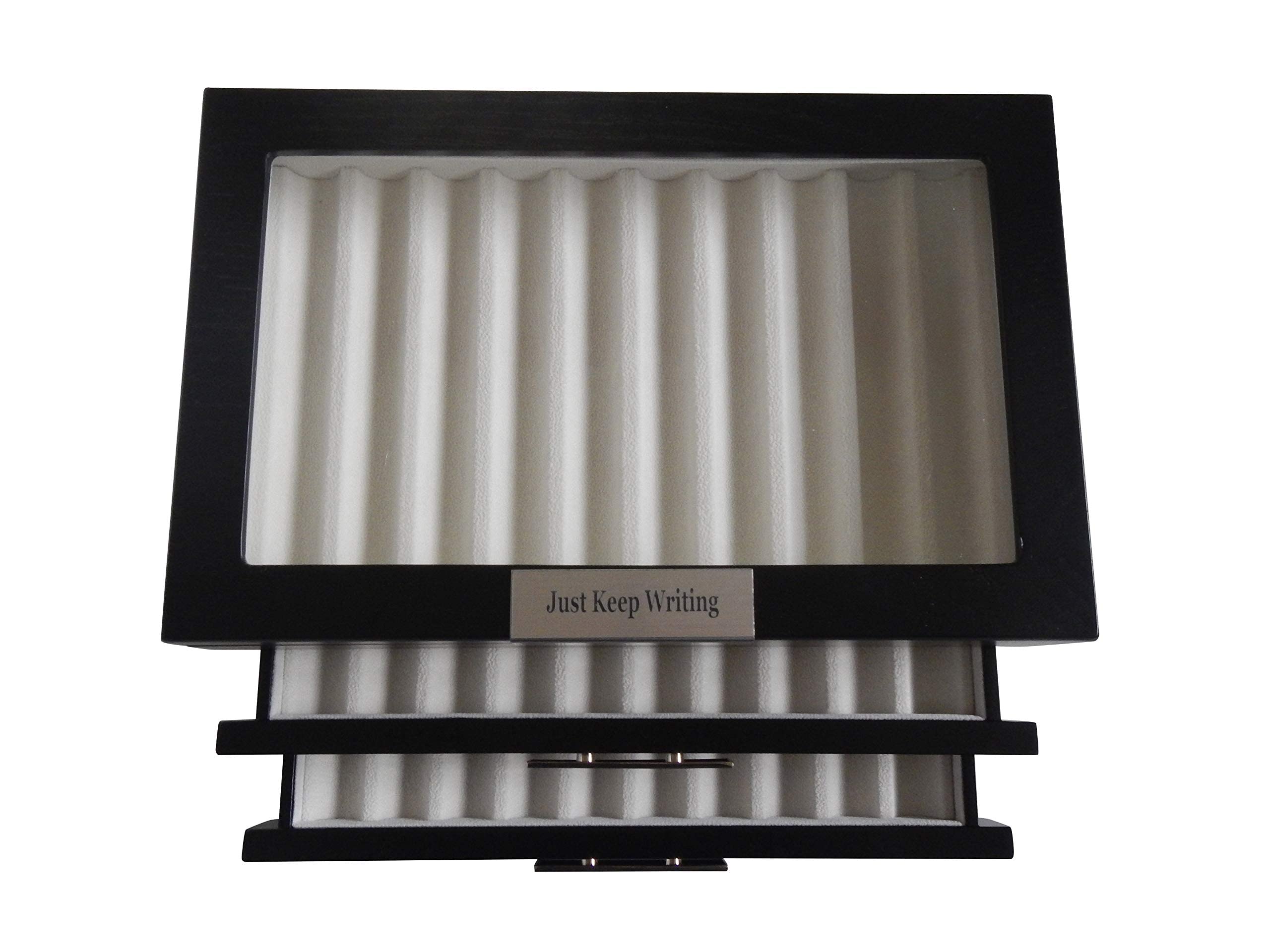 30-Piece Black Ebony Wood Personalized Pen Display Case - Fountain Pen Collector Organizer Box with Glass Window & 3-Tier Drawers - Perfect for Office, Home Desk, and Gift for Pen Enthusiasts