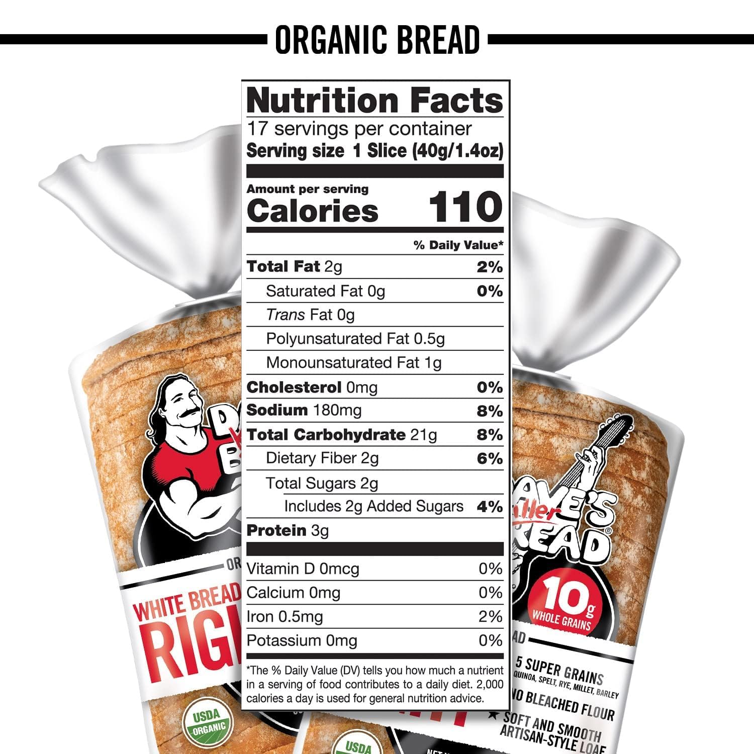 Dave's Killer Bread Organic White Bread - 24oz (Pack of 2) | Non-GMO, No High Fructose Corn Syrup, No Artificial Flavors | Healthy Breakfast & Sandwich Bread for Families