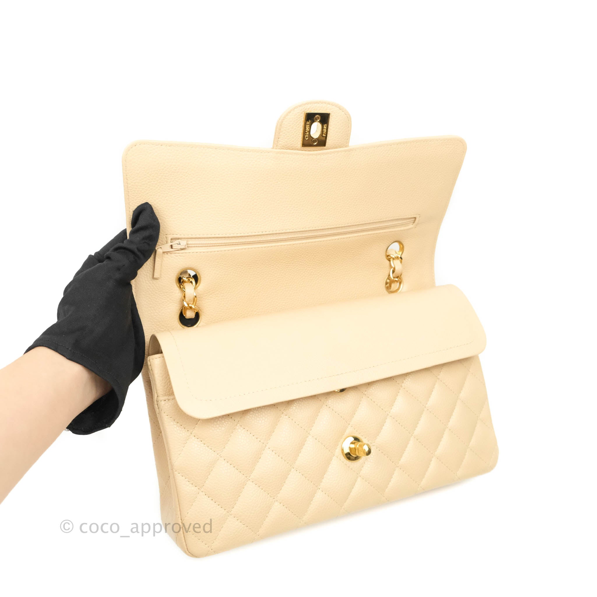 Chanel Classic Medium Double Flap Bag in Beige Caviar Leather with Gold Hardware - Luxury Designer Handbag for Women, Perfect for Work, Evening Events & Special Occasions