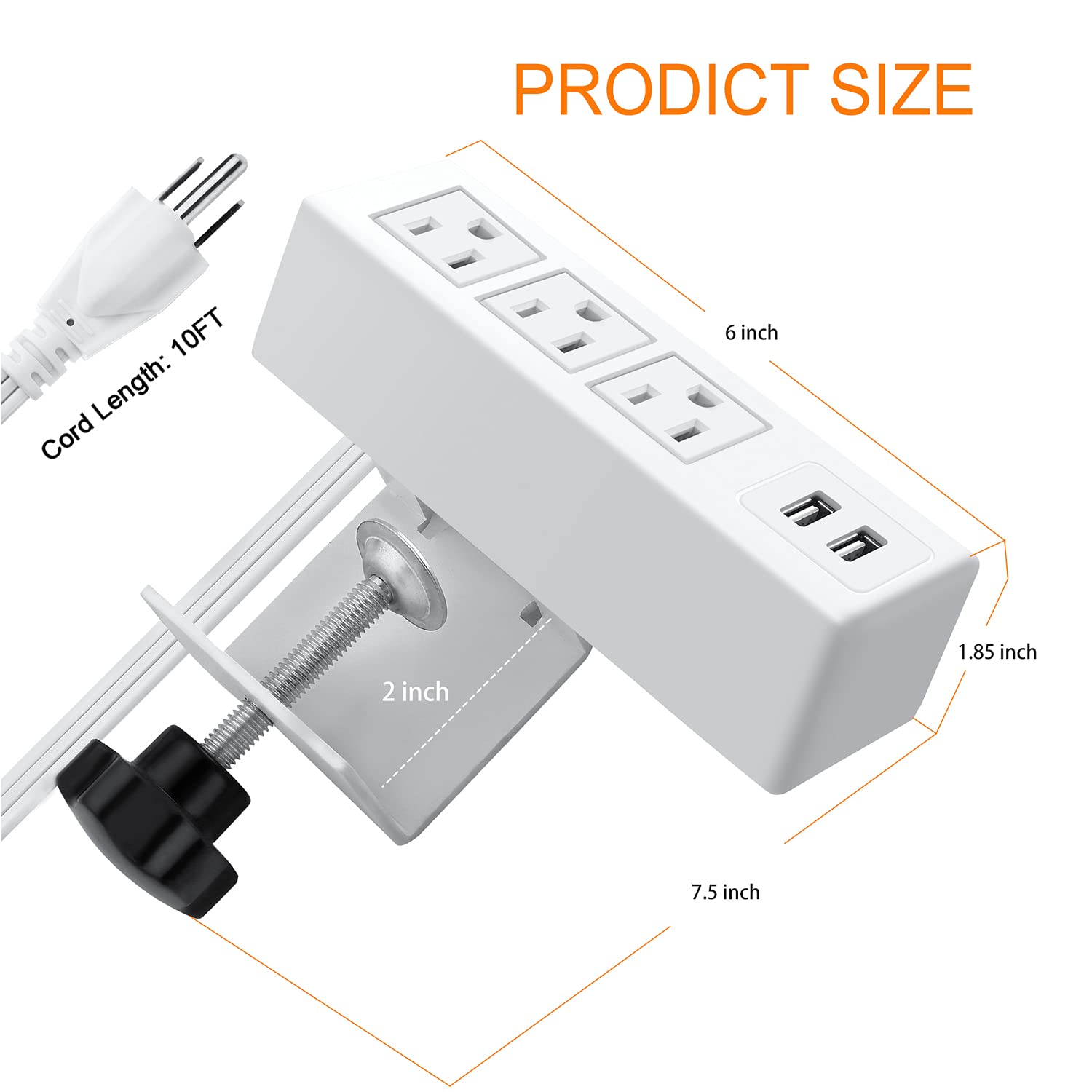 3 Outlet Desk Clamp Power Strip with USB - 10FT White for Home Office