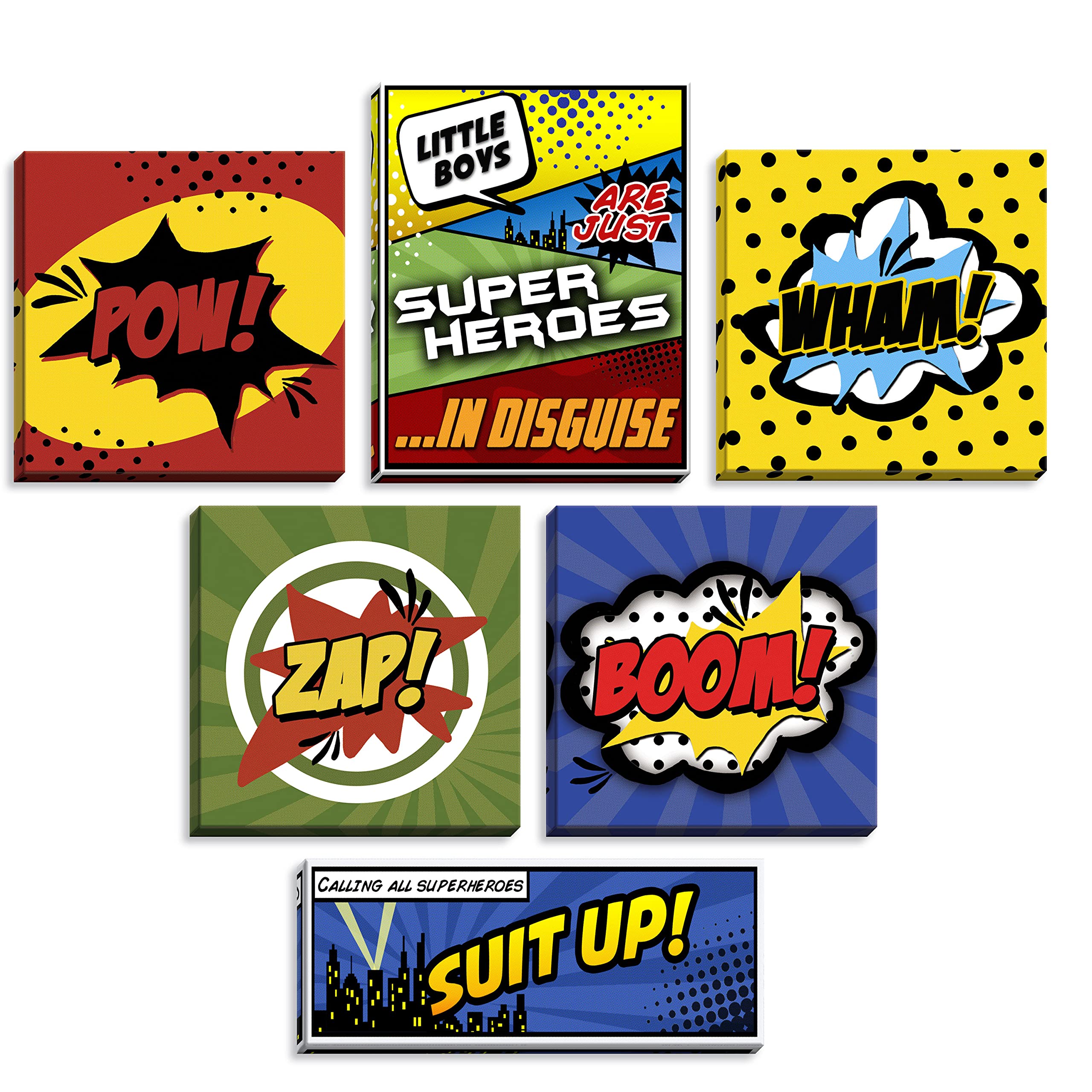 Superhero Canvas Wall Art Set - 4 Pack 12x12in, 1 Pack 11x14in & 1 Pack 18x6in Comic Book Style Stretched Canvas - Perfect for Kids Room Decor, Nursery, Playroom & Superhero Themed Bedroom