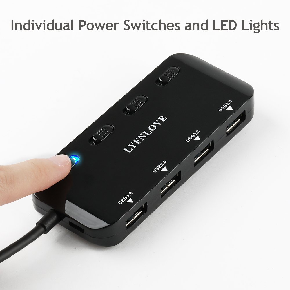 LYFNLOVE 4-Port USB 3.0 Hub with Power Switches - for Laptop, PC & Flash Drives