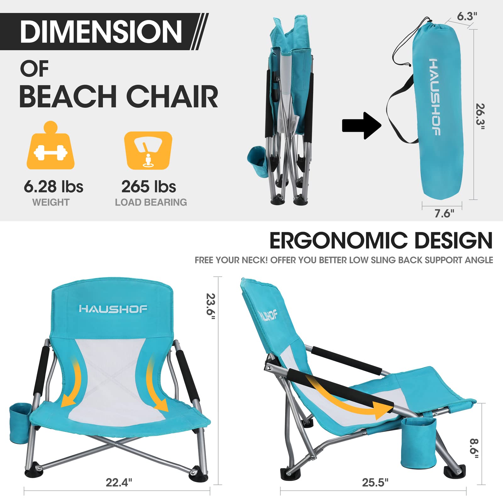 HAUSHOF High Back & Low Beach Chairs Set - Lightweight Folding Camping Chairs with Mesh Back, Cup Holder & Carry Bag - Comfortable Padded Armrests for Outdoor, Beach, Lawn, Camping, Picnics & Festivals | Perfect for Summer Relaxation & Backyard Gatherings