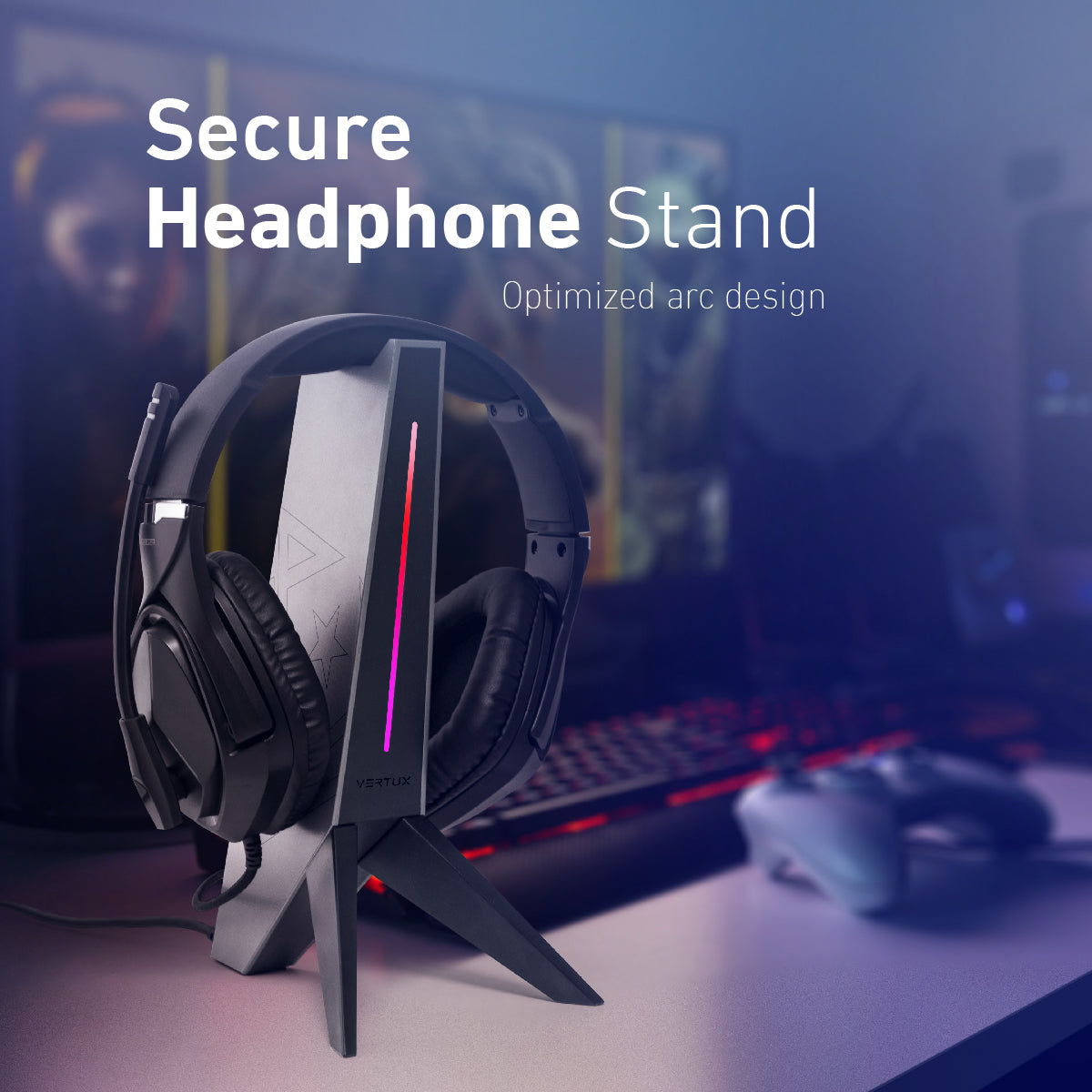 4 in 1 Gaming Headset Stand with RGB Lights - Universal Headphone Holder for PS5, Xbox, PC - Perfect for Gaming Setup & Desk Organization
