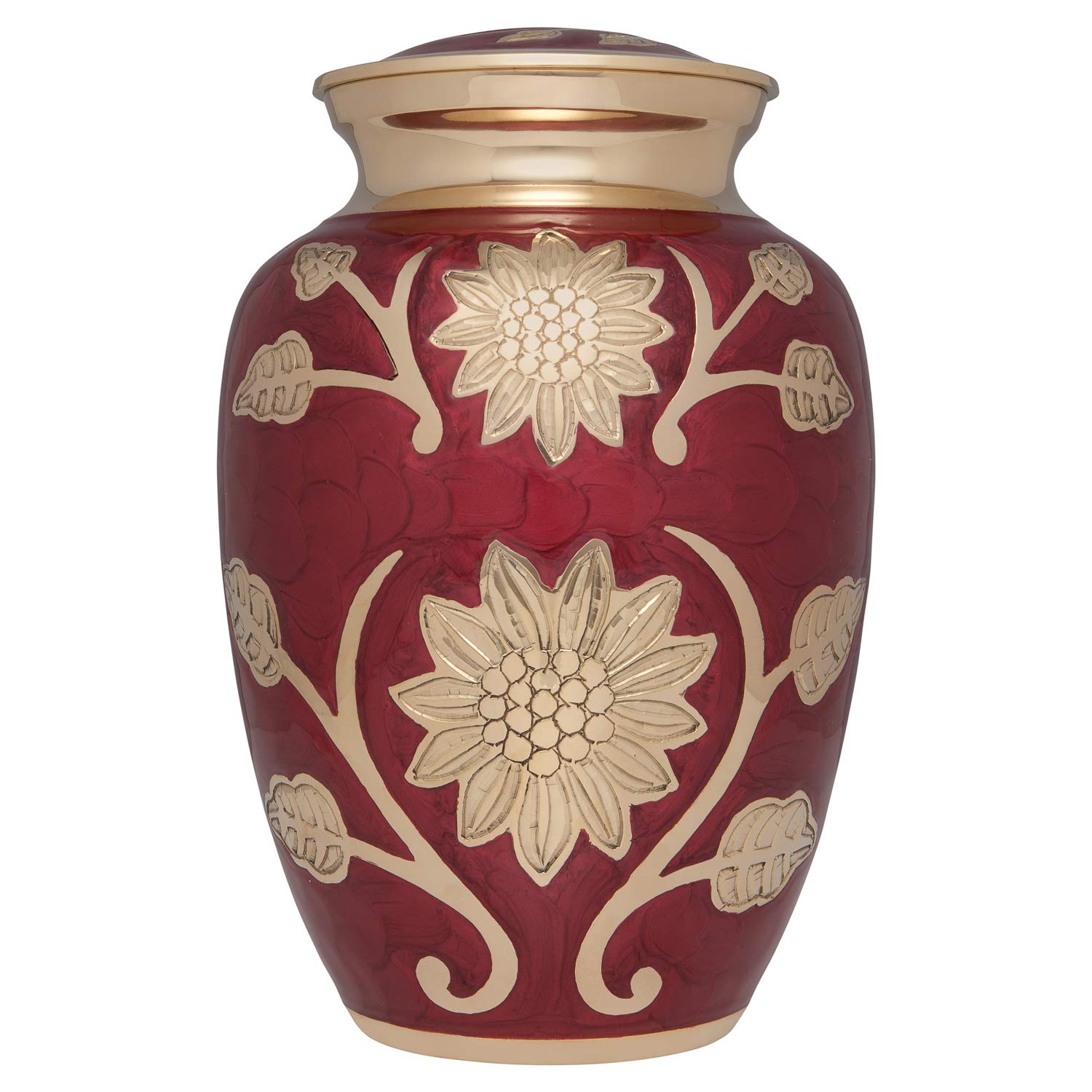 Elegant Red Lacquer Flower Funeral Urn with Gold Rose Design - Brass Cremation Urn for Human Ashes - Large Size Holds Up to 200 lbs - Perfect for Cemetery Burial, Niche Placement & Memorial Displays at Home