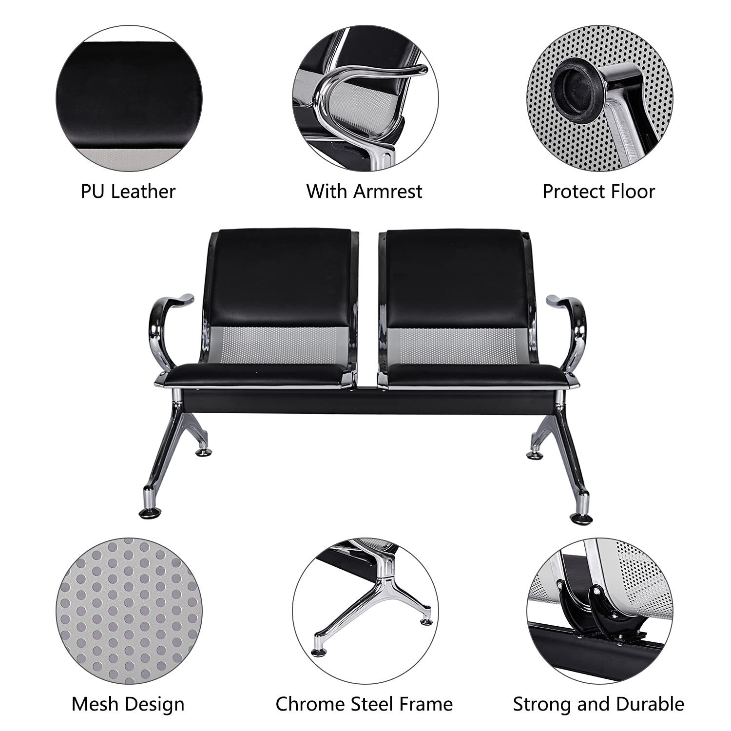 Kinfant Waiting Room Chairs - Comfortable Reception Guest Bench for Airport, Hospital, Bank, Salon & Barber Shop (PU Leather, Black) - Perfect for Lobby Seating, Waiting Areas and Public Spaces