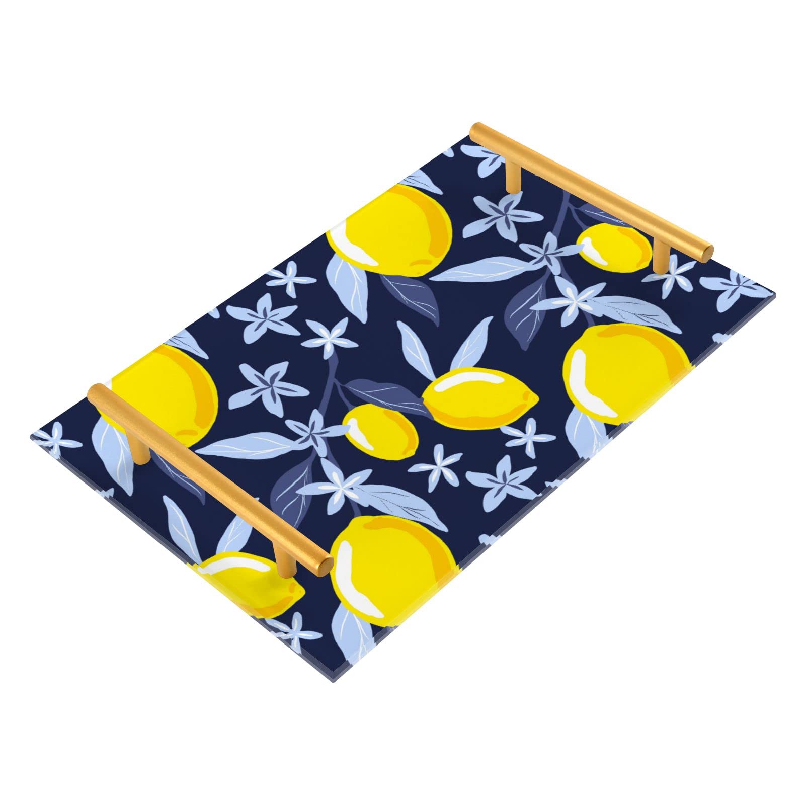 Yellow Lemons Vanity Tray with Gold Handles - Floral Leaf Decorative Tray for Perfume, Jewelry & Coffee - Makeup Organizer for Dresser, Bedroom & Kitchen - Perfect for Home Decor & Gift Giving