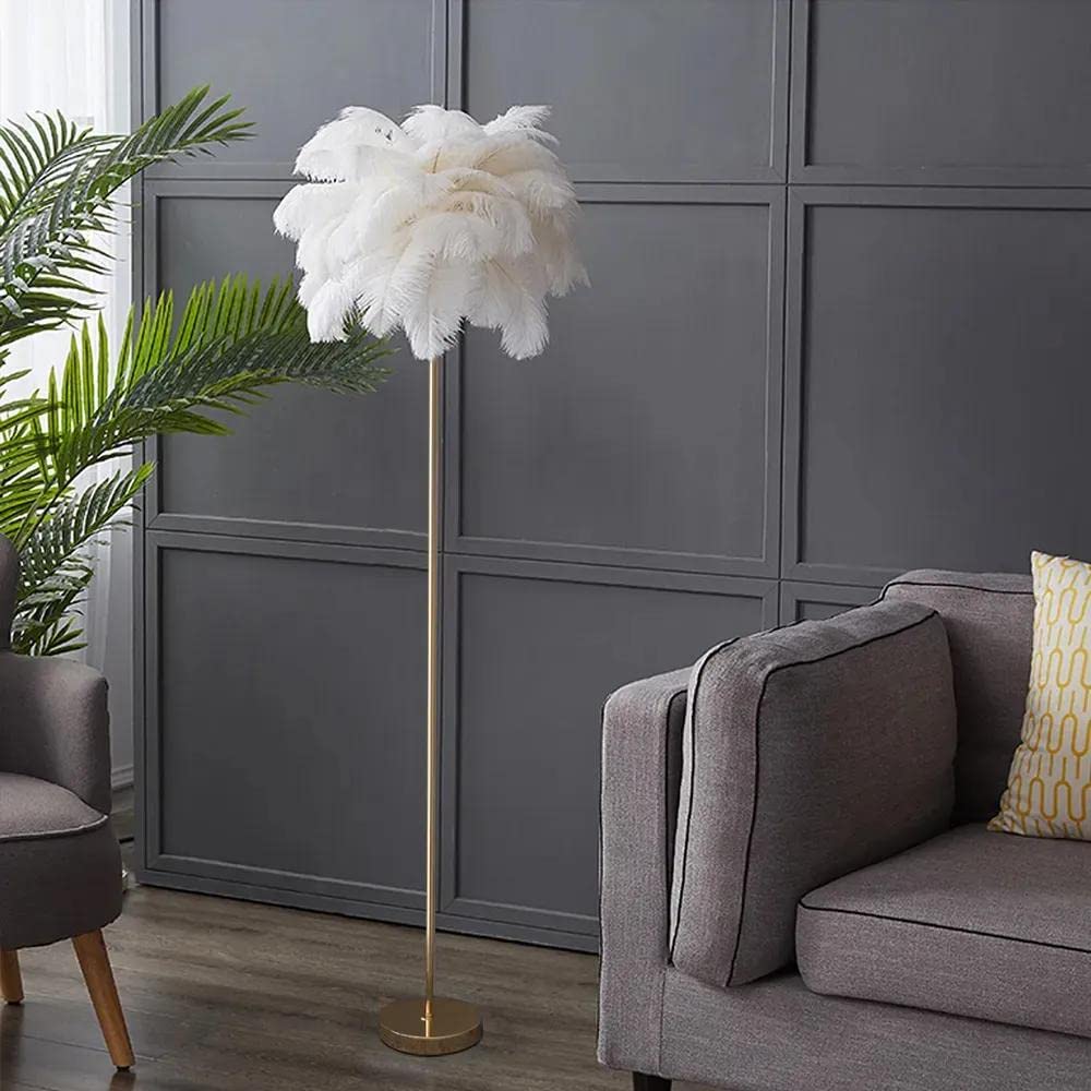KunMai Modern White Feather Floor Lamp - 5-Light Standing Feather Lamp with Gold Finish for Bedroom & Living Room Decor - Elegant Lighting Solution for Cozy Nights & Stylish Home Interiors (Without Shelf, White)