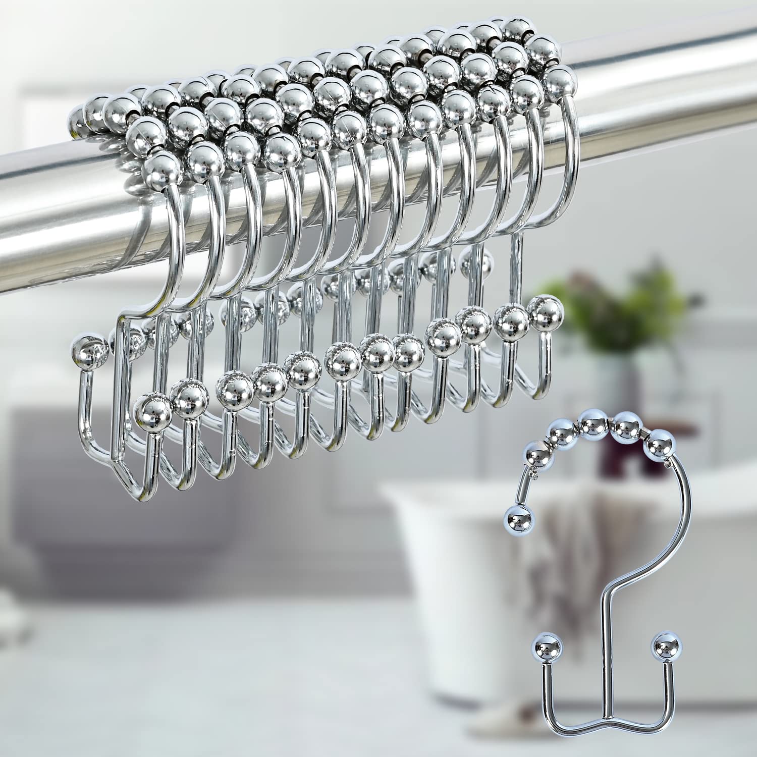 DERZGAO Double Sided Shower Curtain Hooks - 12 Pack Chrome Roller Ball Hooks, Rust Proof Bathroom Hooks for Dual Curtains - Perfect for Bathroom, Spa, and Hotel Decor