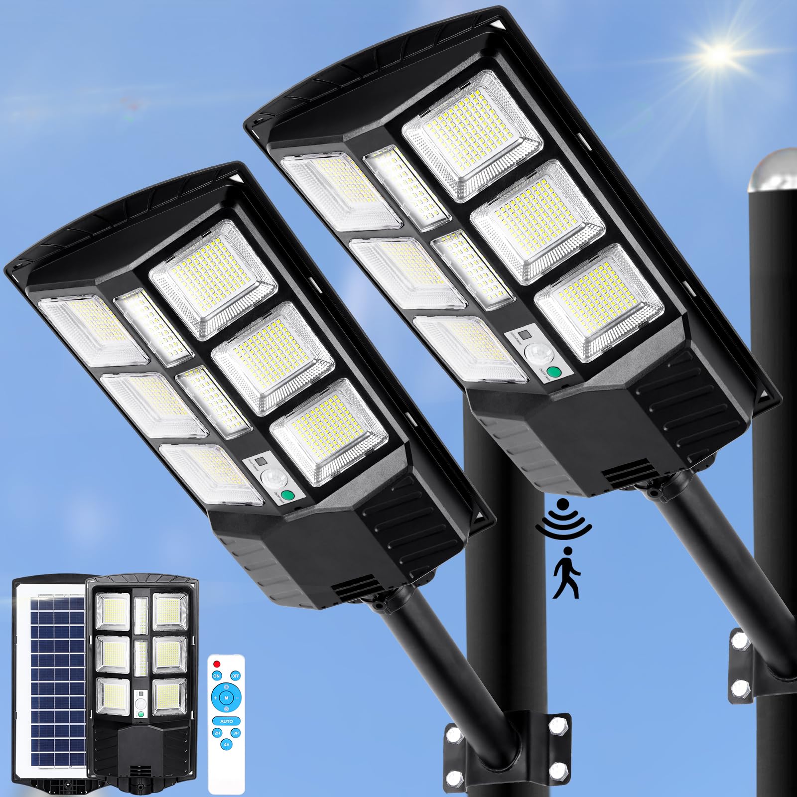 ZJOJO 2800W Solar Street Lights Outdoor Waterproof - 8000K 30000LM LED Solar Lights with Motion Sensor & Remote Control (2 Pack) - Ideal for Parking Lots, Yards, Pathways, and Garden Lighting