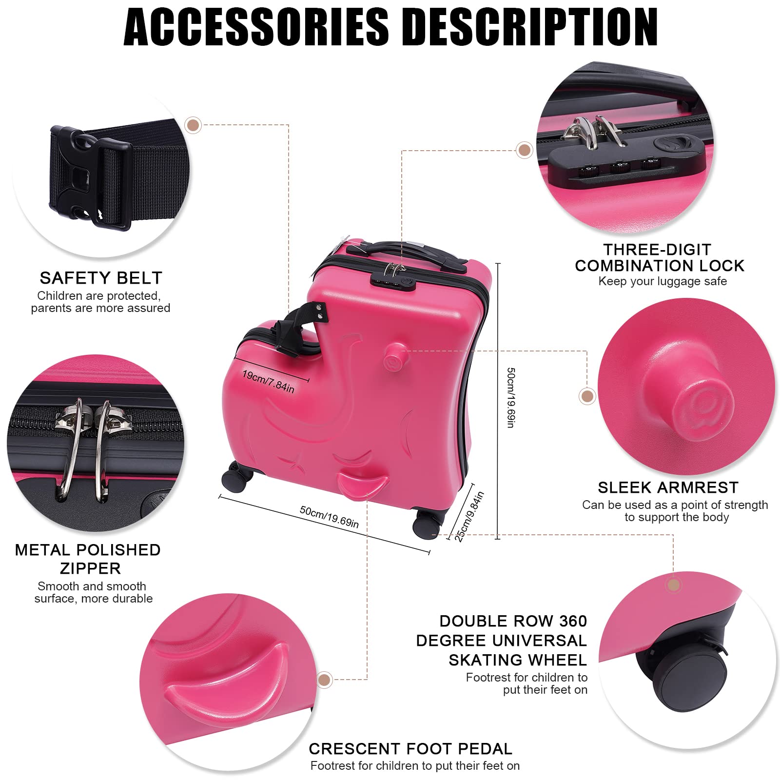 DNYSYSJ 20 Inch Ride-On Kids Luggage - Fuchsia Wheeled Carry-On Suitcase for Children, Waterproof & Universal Travel Trolley - Perfect for Airports, Family Vacations & School Trips