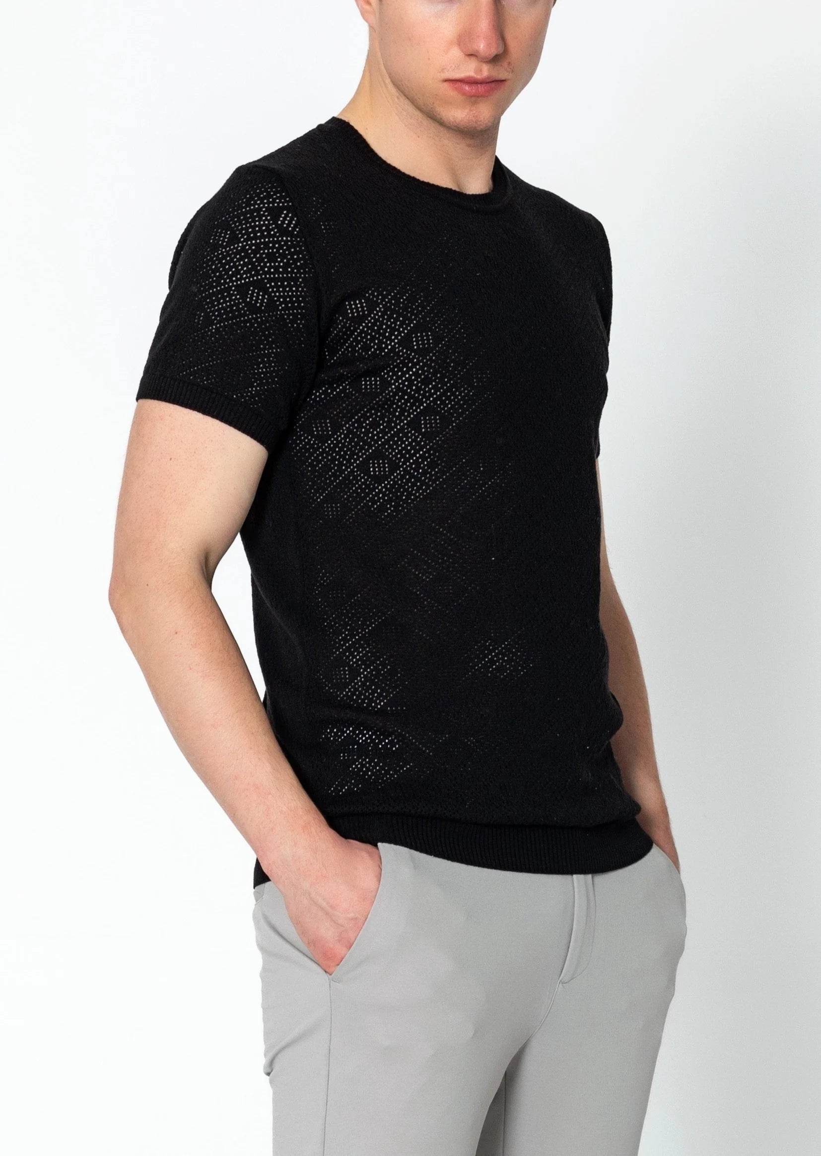 RNT23 Geometric Crochet T-Shirt for Women - Stylish Black Cotton Top for Casual Wear, Summer Outfits & Boho Fashion