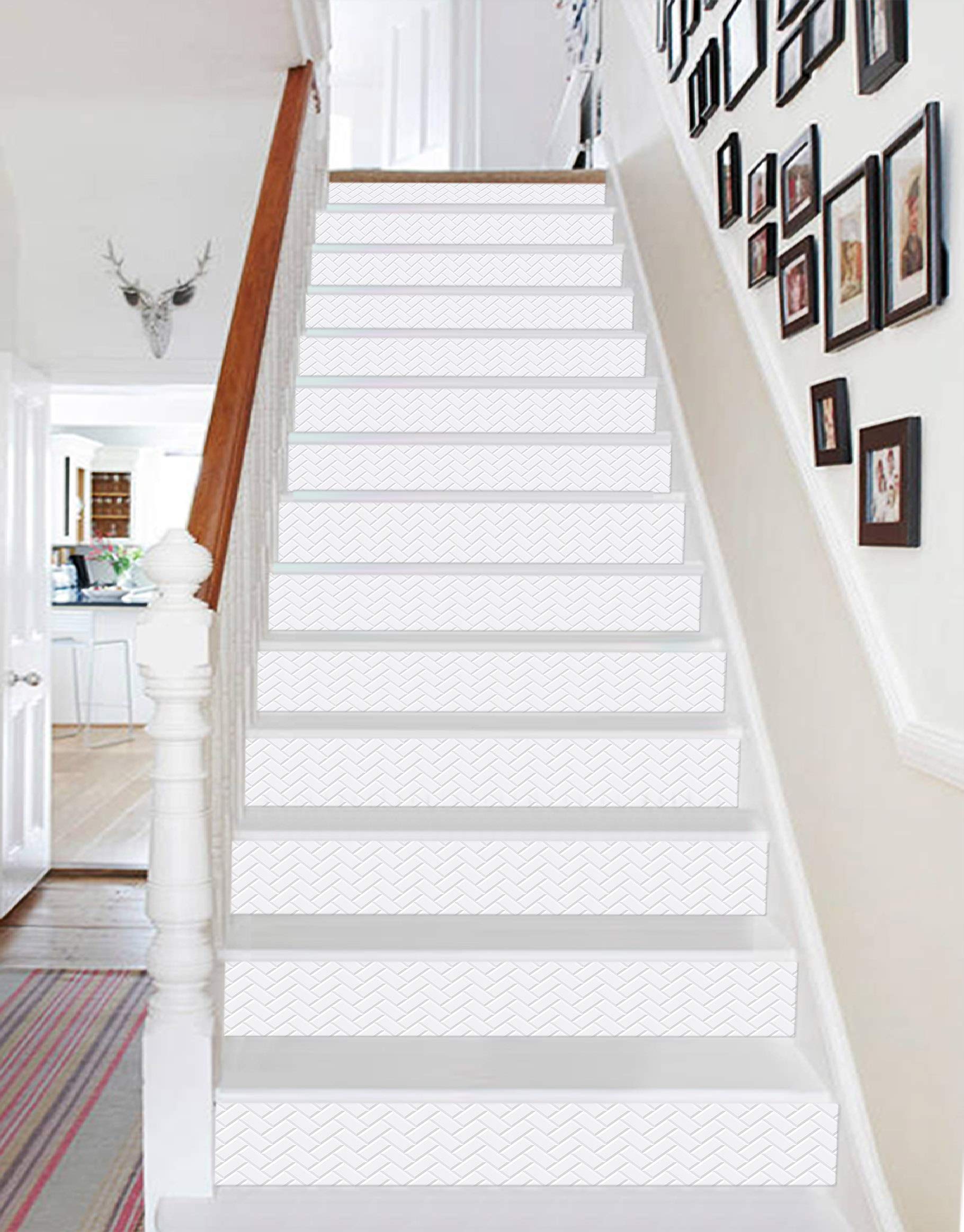 3D White Rectangle 664 Pattern Tile Marble Stair Risers Decorative Vinyl Wallpaper Mural - 13 Sheets (18cm x 94cm / 7