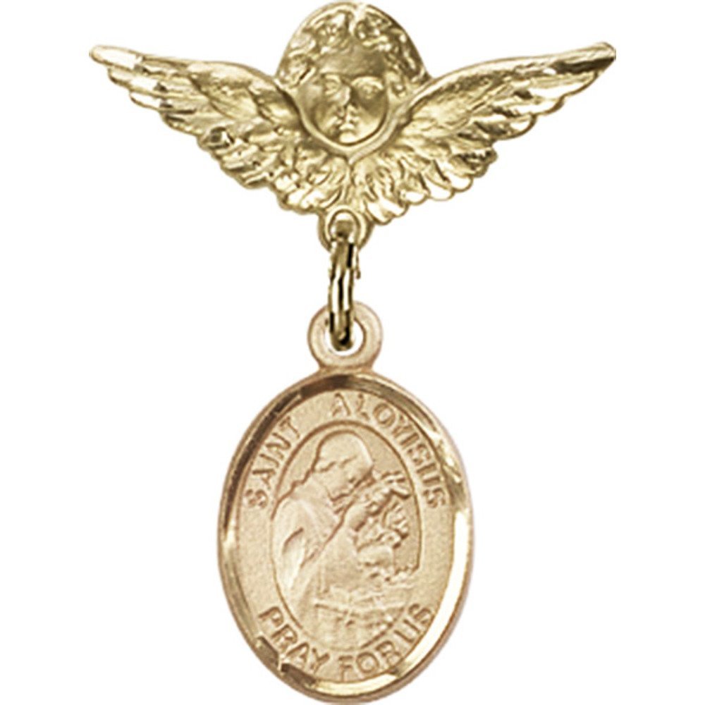 Gold Filled Baby Badge with St. Aloysius Gonzaga Charm & Angel Wing Pin - 1