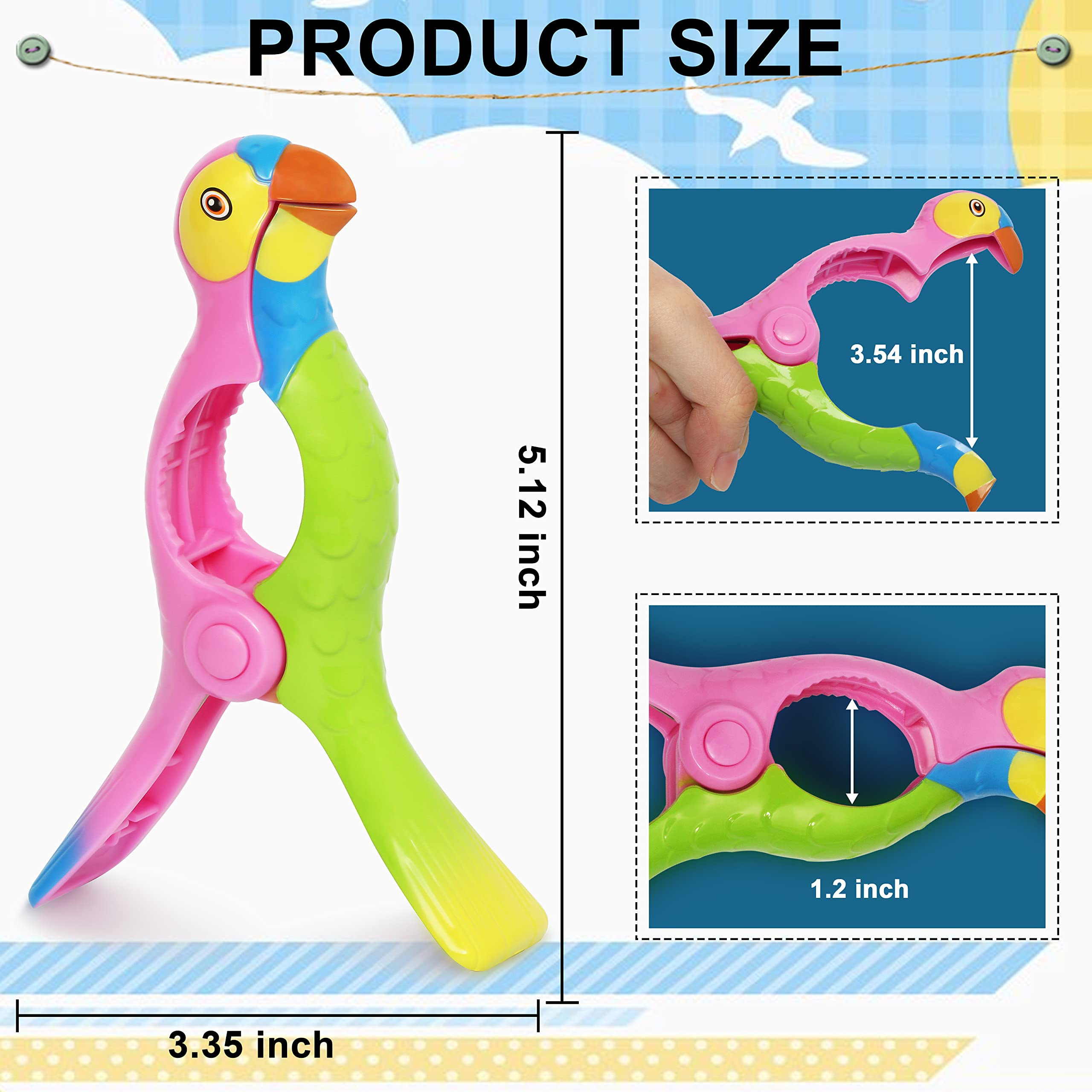 Kaluofan 4PCS Strong Parrot-Shaped Beach Towel Clips for Chairs - Vivid Blue & Pink - Perfect for Poolside, Beach, and Outdoor Relaxation