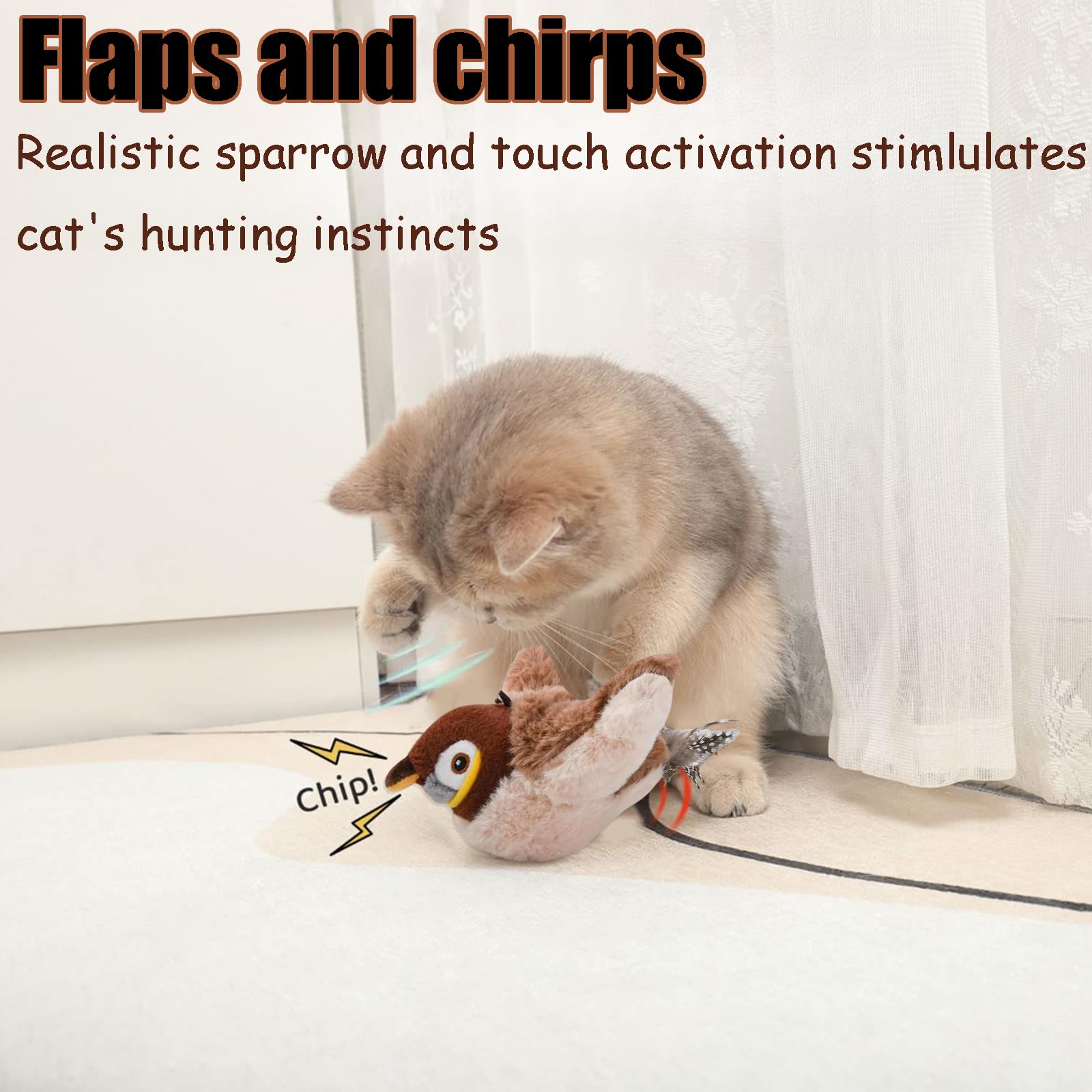 Interactive Flappy Chase Cat Toy with Flapping Wings & Chirping Sound - Electric Sparrow Simulation Bird for Playful Cats - Perfect for Indoor Play & Exercise (1PCS)