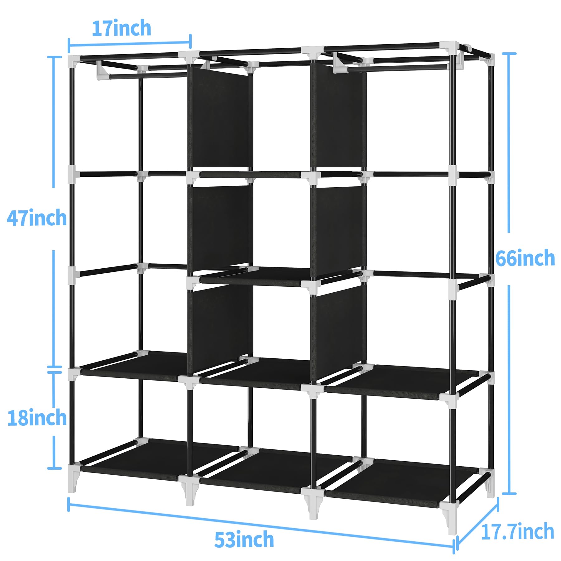 53 Inch Portable Closet with 2 Hanging Rods & 8 Shelves - Non-Woven Fabric Wardrobe for Clothes Storage - Easy Assembly Black - Perfect for Bedroom, Dorm, Apartment & Small Space Organization