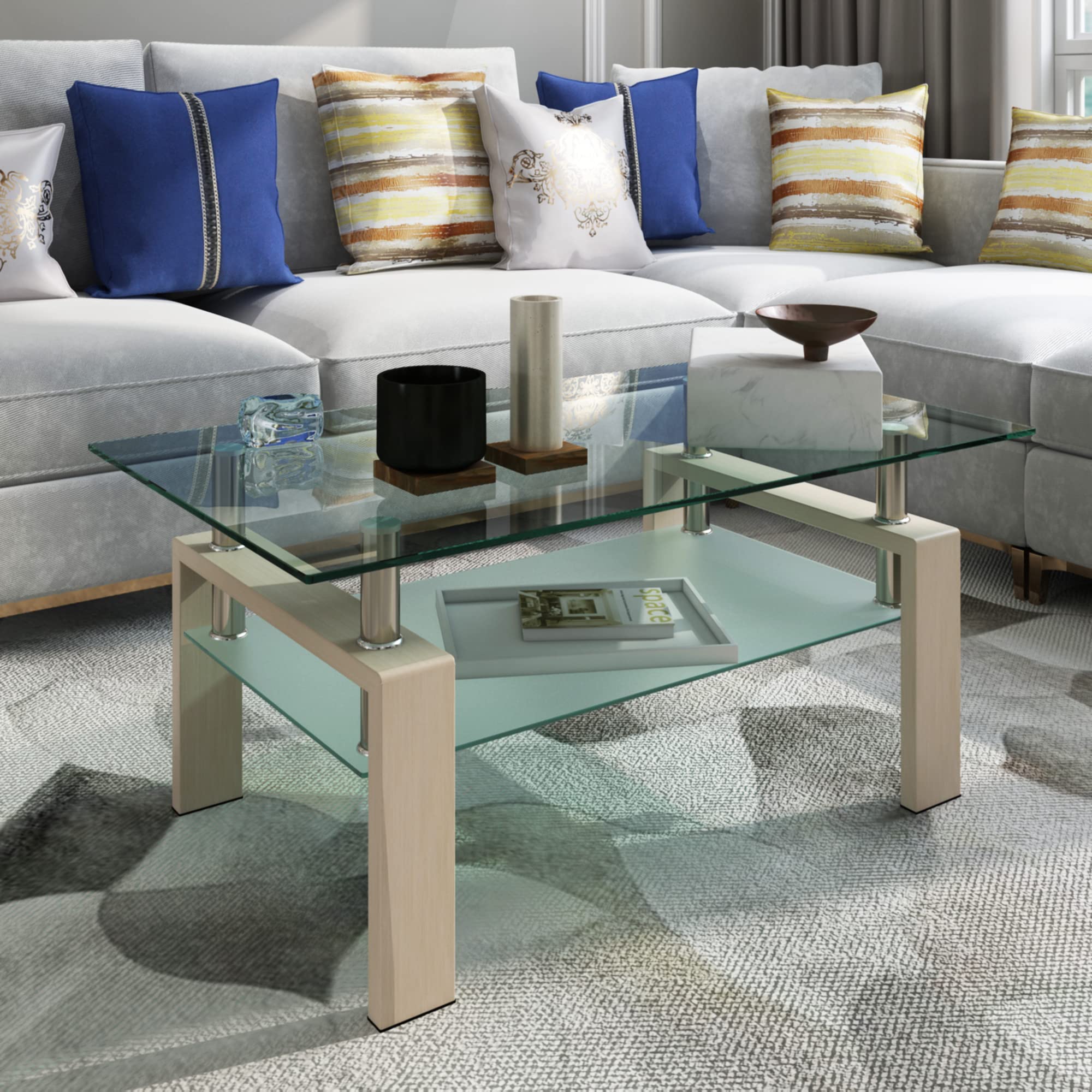 Modern Glass Coffee Table with Storage Shelf - Rectangle Living Room Center Table with Metal Tube Legs & 8mm Tempered Glass - Perfect for Tiny Homes, Apartments, and Reception Areas - Durable Side Table for Coffee, Books, and Decor