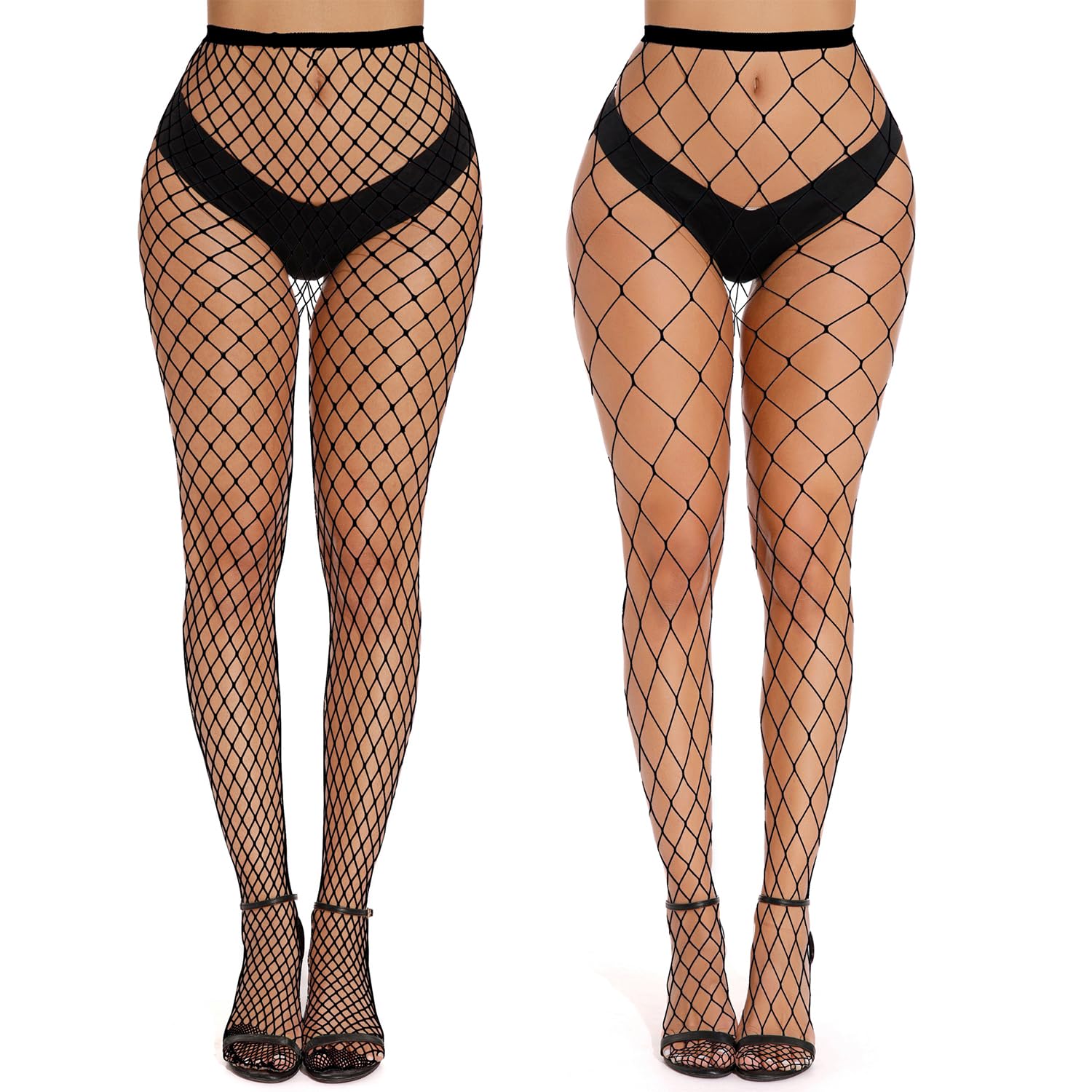LANREF Women's Fishnet Stockings - Thigh High Waist Lace Pantyhose with Suspenders, Sexy Patterned Tights in Black Plus Size - Perfect for Cosplay, Halloween, and Date Night Outfits