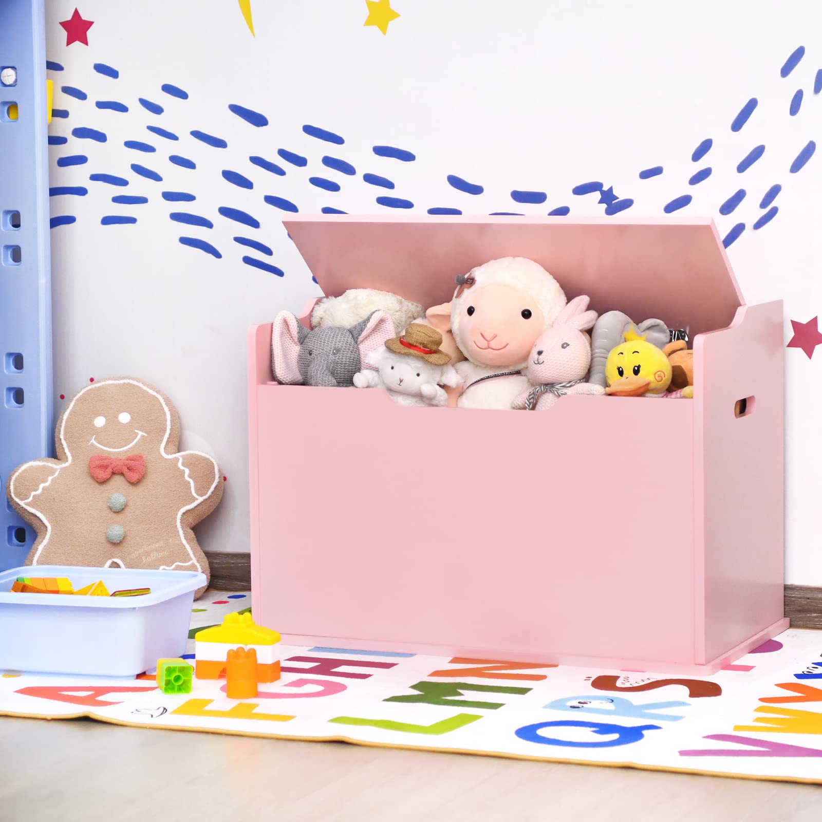 Costzon Kids Wooden Toy Storage Chest with Bench Seat - Safe Finger-Pinch Prevention Lift-Top Design, Multi-Functional Toy Box Organizer for Bedroom, Playroom & Nursery - Pink (Perfect for Toy Storage, Kids Room Decor & Entryway Seating)