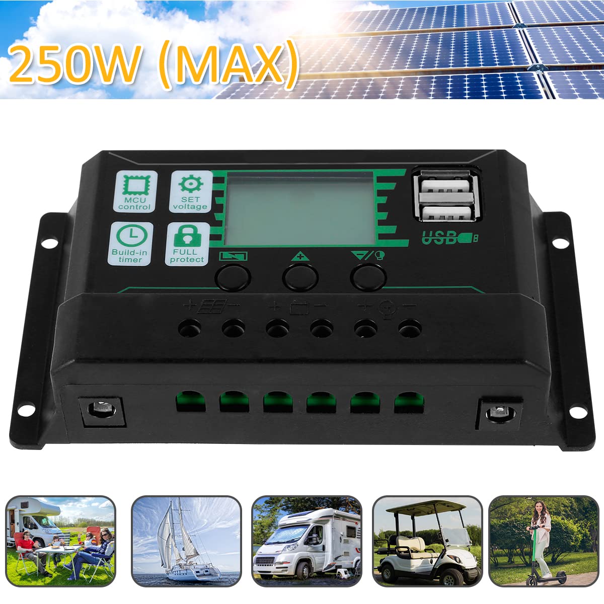 250W 12V/24V Monocrystalline Solar Panel Kit with Charge Controller - IP65 Waterproof, High Efficiency Portable Solar Charger for RV, Boat, Camping & Off-Grid Power - Ideal for Outdoor Adventures & Emergency Backup