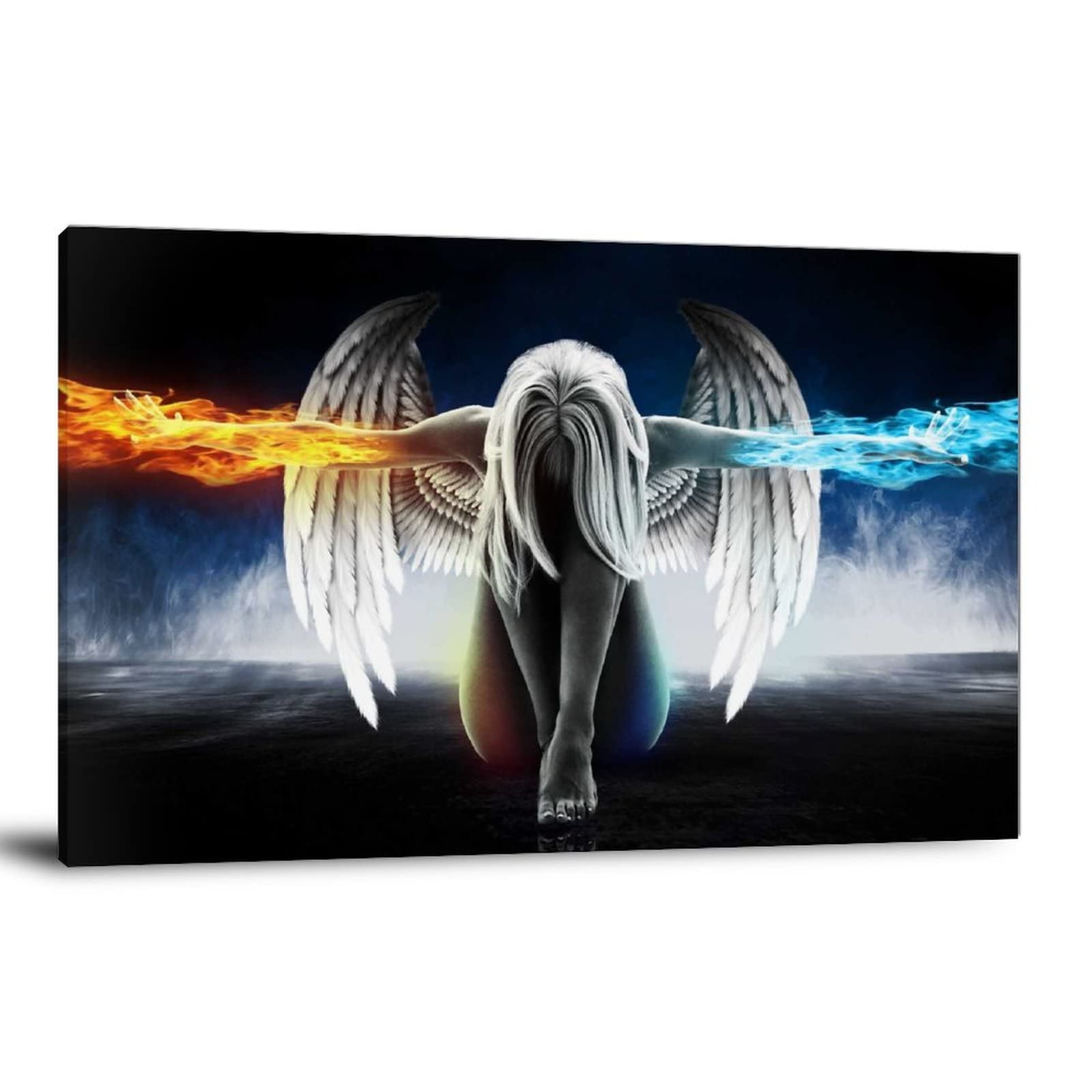 Fire and Ice Water Angel Canvas Wall Art - Beautiful Wings Girl Painting for Living Room & Bedroom Decor - Elegant Home Decoration Poster for Wall Display