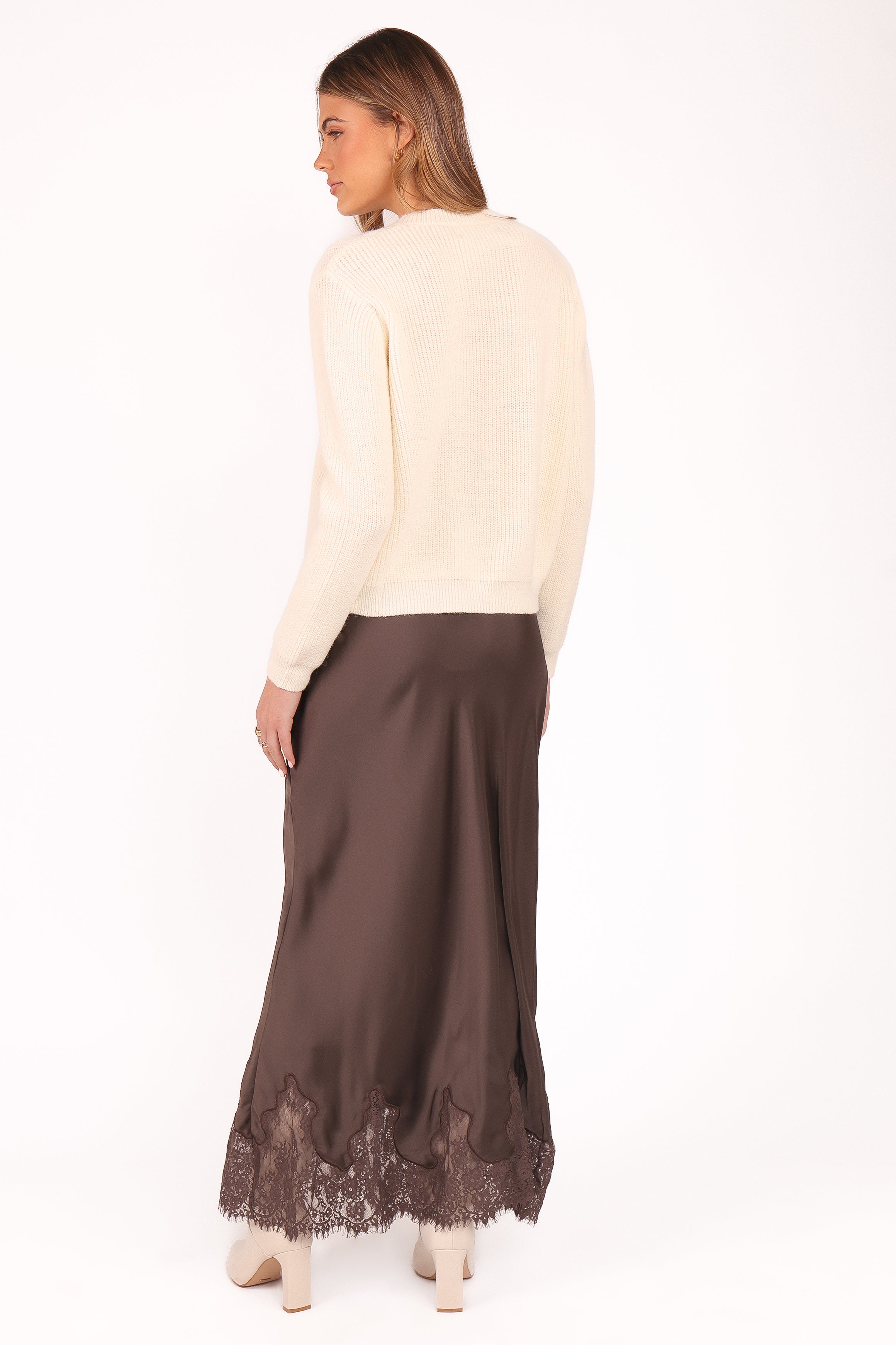 Stylish Alira Lace Trim Midi Skirt in Brown - Perfect for Casual Outings, Date Nights & Summer Fashion