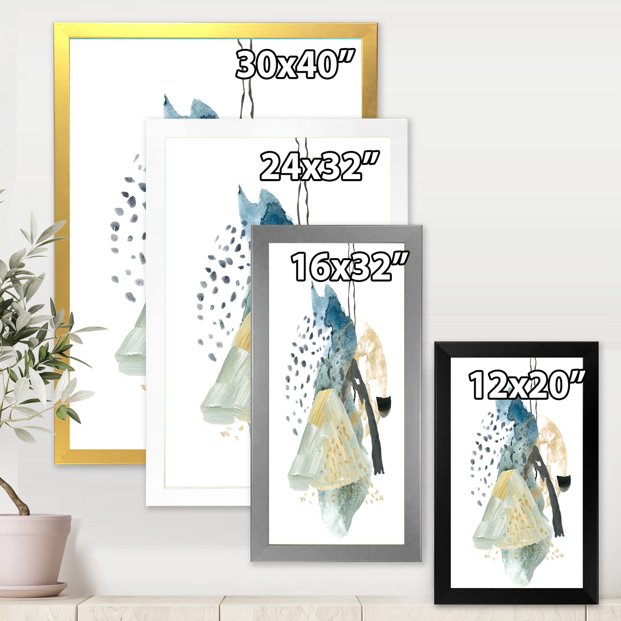 Abstract Landscape Gouache Painting with Mountain and Moon - Modern Framed Wall Art for Living Room, Bedroom & Office Decor