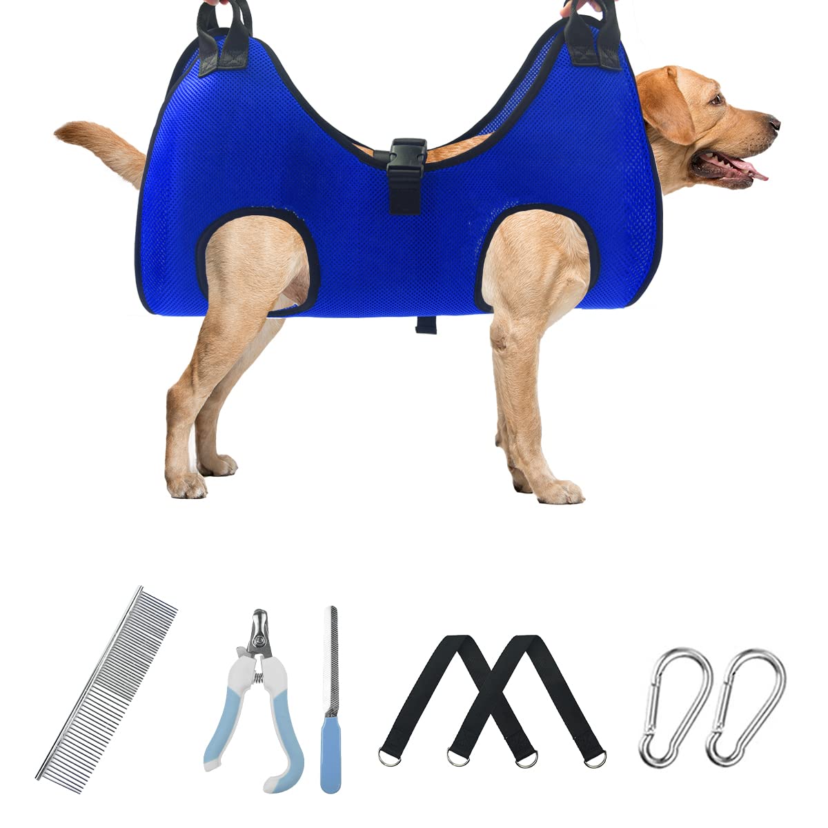 Pet Dog Grooming Hammock for Nail Trimming - Adjustable Hanging Harness for Large Dogs up to 90lbs - Includes Nail Clippers, Nail File & Pet Comb - Perfect for Stress-Free Nail Care & Grooming at Home or Vet Clinic
