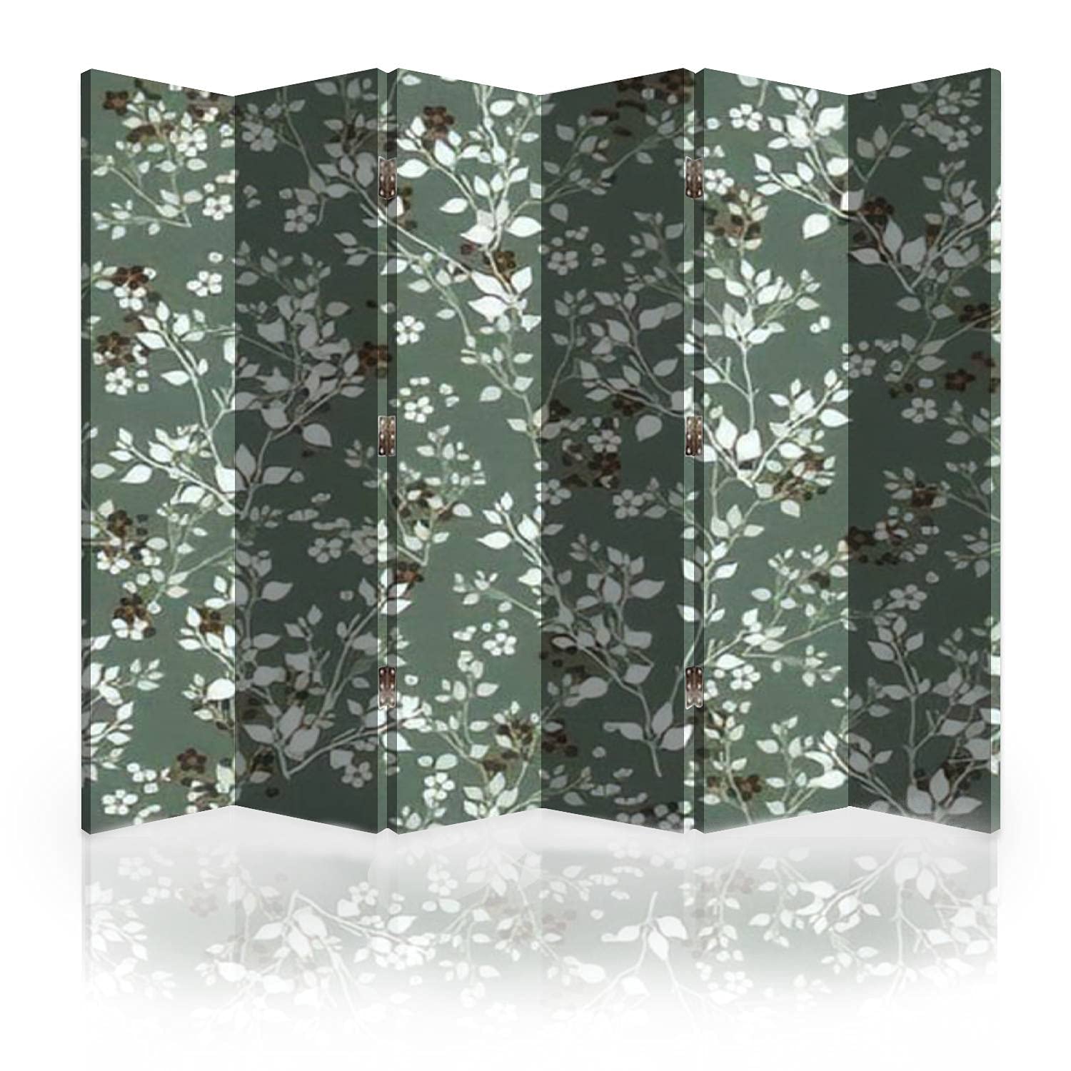 6-Panel Canvas Room Divider Screen - Small Floral Flowers with Leaves Pattern on Green Background | Folding Privacy Partition for Bedroom, Office & Living Space