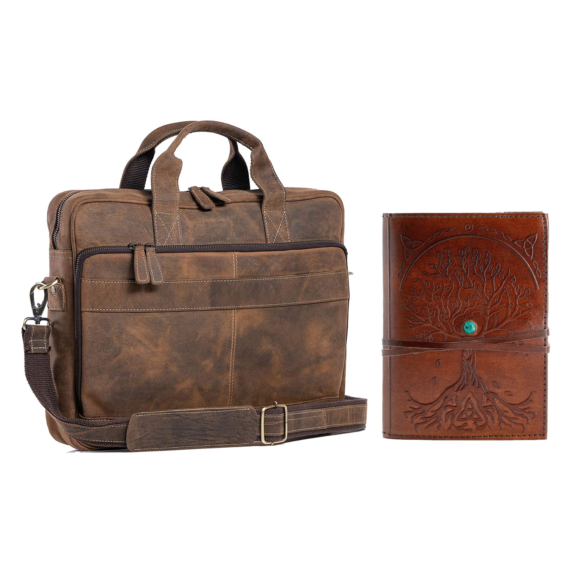 Handmade Leather Journal with Lined Paper & 18 Inch Laptop Messenger Bag - Premium Leather Briefcase Combo for Men & Women | Perfect for Office, Travel & Business Professionals