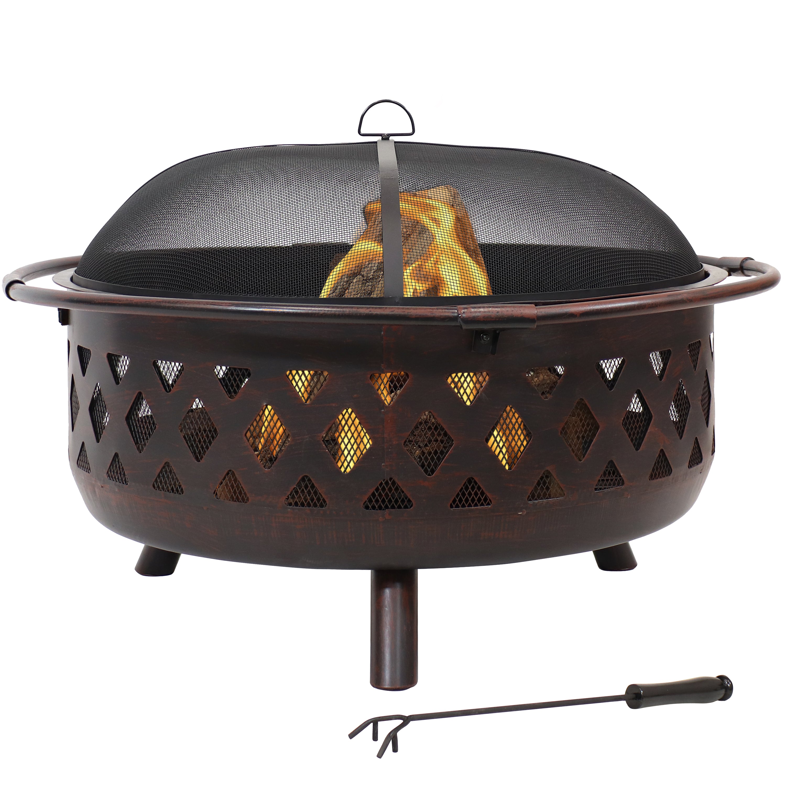 Sunnydaze Bronze Crossweave Outdoor Fire Pit with Spark Screen & Poker - Heavy Duty Steel Wood Burning Firepit for Backyard, Patio, Camping & Bonfires