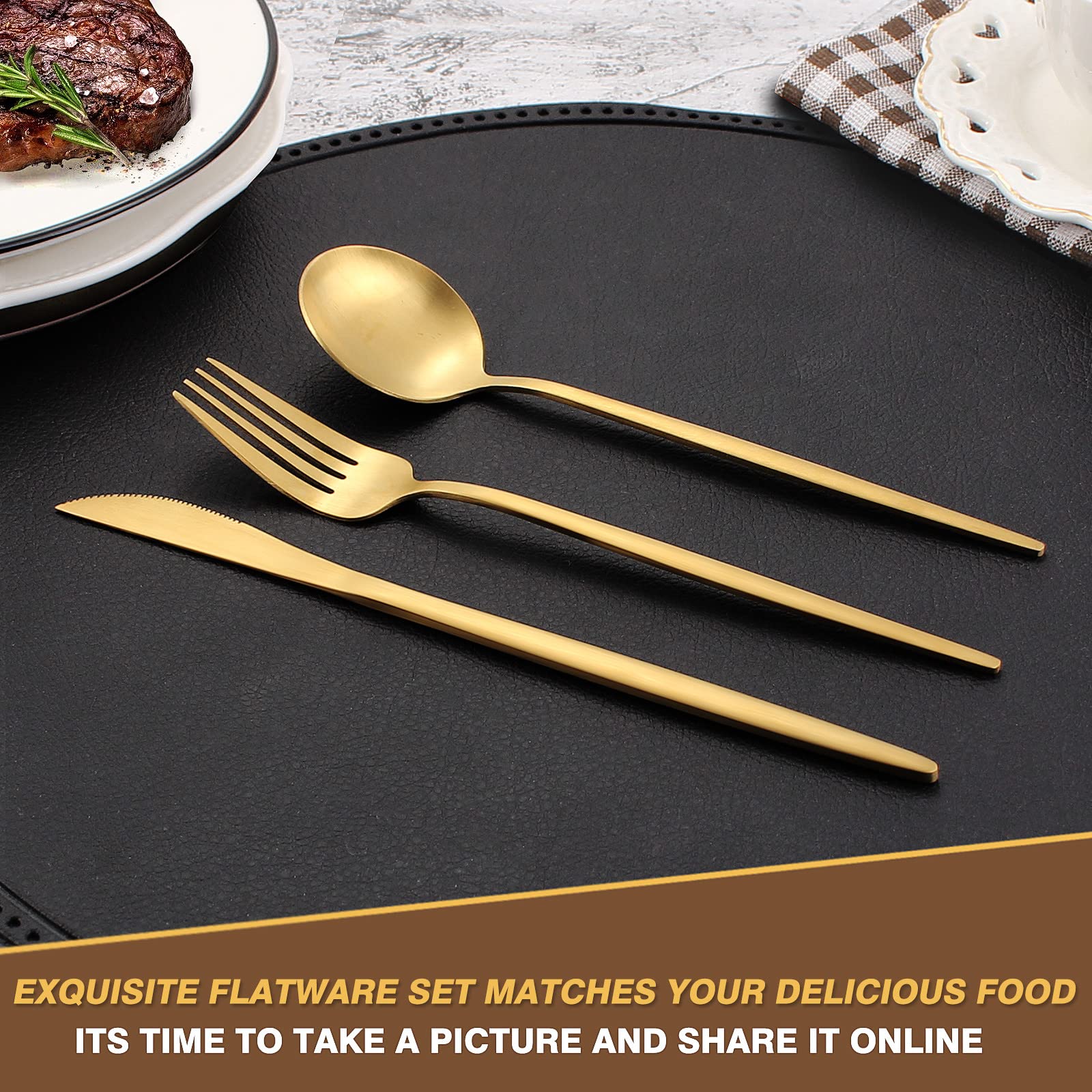 20-Piece Matte Gold Stainless Steel Flatware Set - Service for 4, Includes Dinner Knives, Forks & Spoons - Dishwasher Safe Kitchen Utensils for Everyday Dining & Entertaining